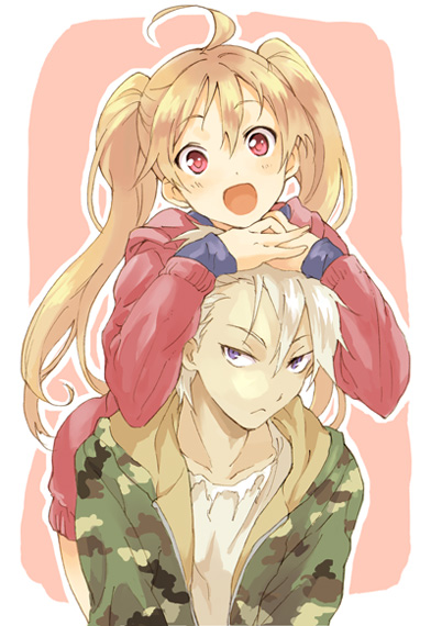 sakamoto atsumu, 1boy, 1girl, :d, ahoge, blonde hair, camouflage, jacket, open mouth, red eyes, smile, sweater, tan, twintails