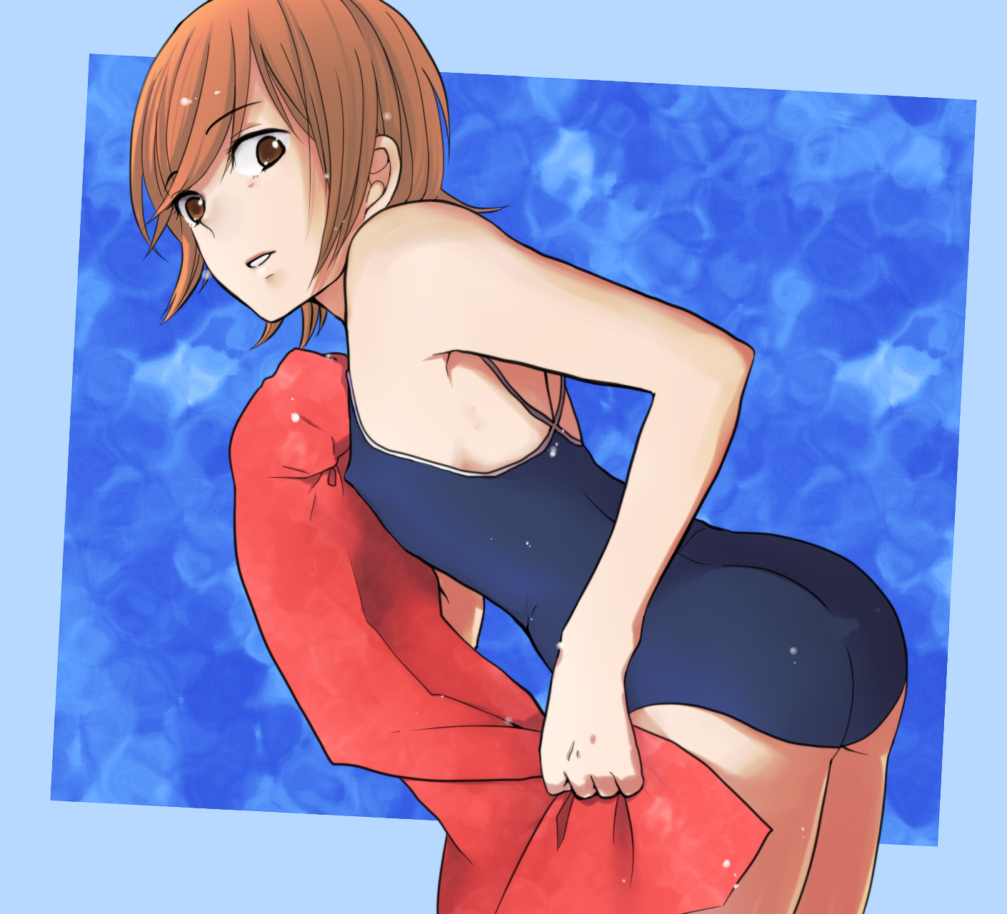 nayuu, mako-chan (minami-ke), makoto (minami-ke), minami-ke, highres, 00s, 1boy, ass, brown eyes, brown hair, covered erect nipples, crossdressing, crossdressing (mtf), male focus, one-piece swimsuit, school swimsuit, short hair, solo, swimsuit, towel, trap