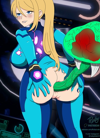 rubylola, metroid (creature), samus aran, metroid, nintendo, 1girl, anal, ass, biting own lip, blonde hair, blue eyes, bodysuit, bracelet, breasts, claws, cyberspace, ears, huge breasts, huge penis, jewelry, large breasts, legs, monitor, monster sex, penis, ponytail, pussy, sex, skin tight, spread ass, tentacle sex, tentacles, tooth, torn clothes, torn suit, uncensored, zero suit