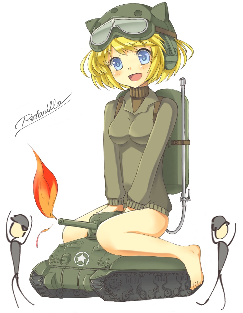 retorillo, m4 sherman, original, vehicle, bad id, bad pixiv id, 1girl, barefoot, blonde hair, blue eyes, breasts, caterpillar tracks, combat helmet, feet, female focus, fire, flame tank, flamethrower, goggles, helmet, mecha musume, medium breasts, medium tank, military, military combat uniform, military uniform, military vehicle, motor vehicle, short hair, sitting, solo, stahlhelm, sweater, tank, weapon, world war ii