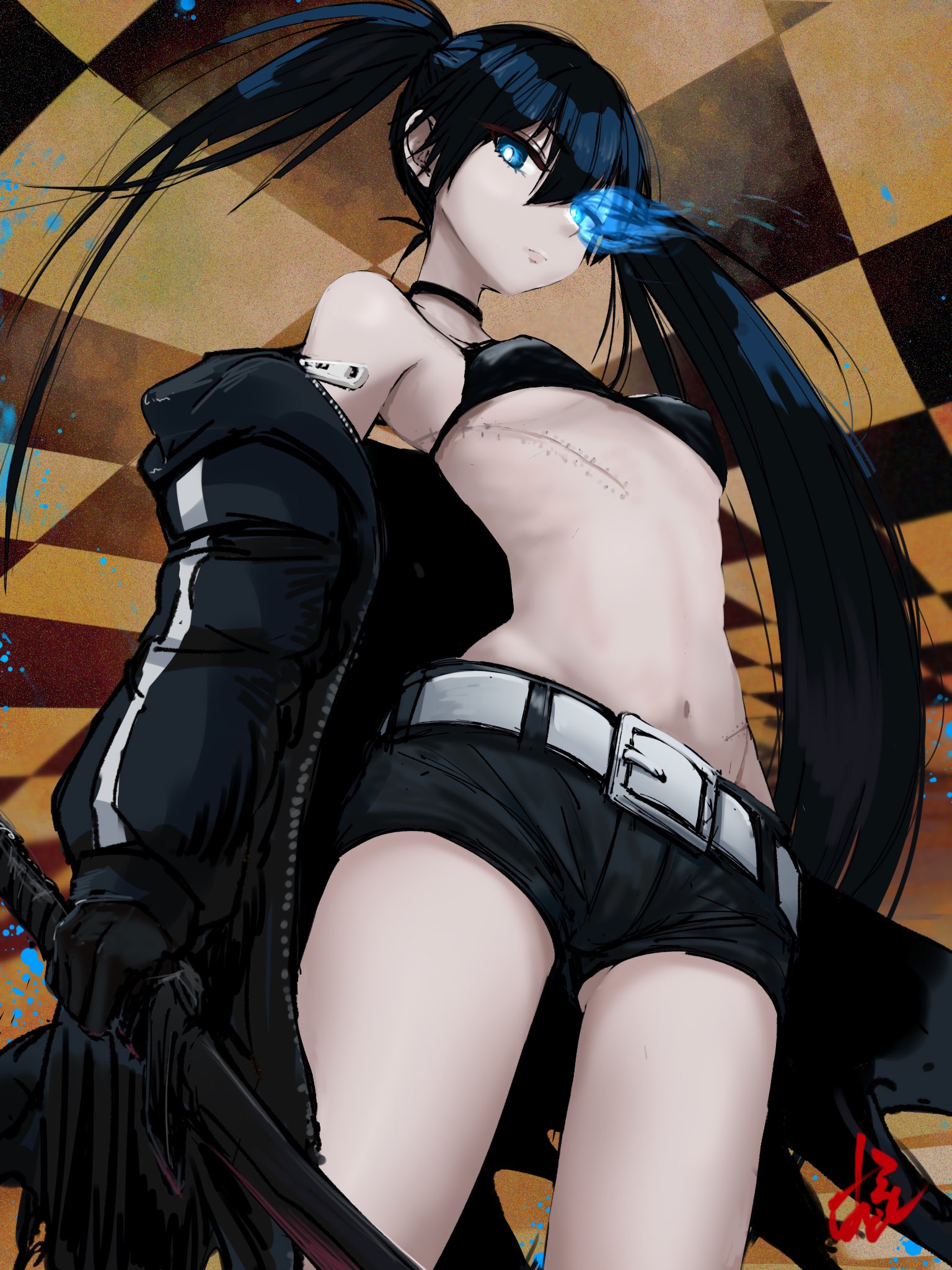 hylran0427, black rock shooter (character), black rock shooter, tagme, 1girl, belt, navel, scar, short shorts, shorts