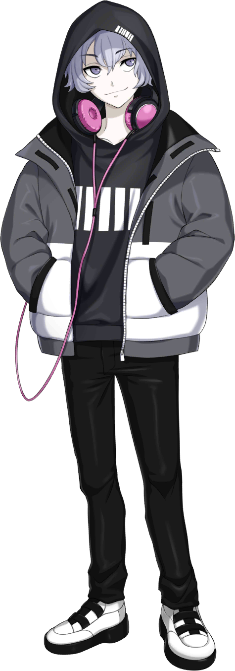 iwamoto tatsurou, shin megami tensei, shin megami tensei: liberation dx2, highres, official art, third-party source, 1boy, black pants, closed mouth, coat, full body, grey eyes, grey hair, hands in pockets, headphones, headphones around neck, hood, hoodie, pants, period (megami tensei), simple background, smile, solo, standing, transparent background