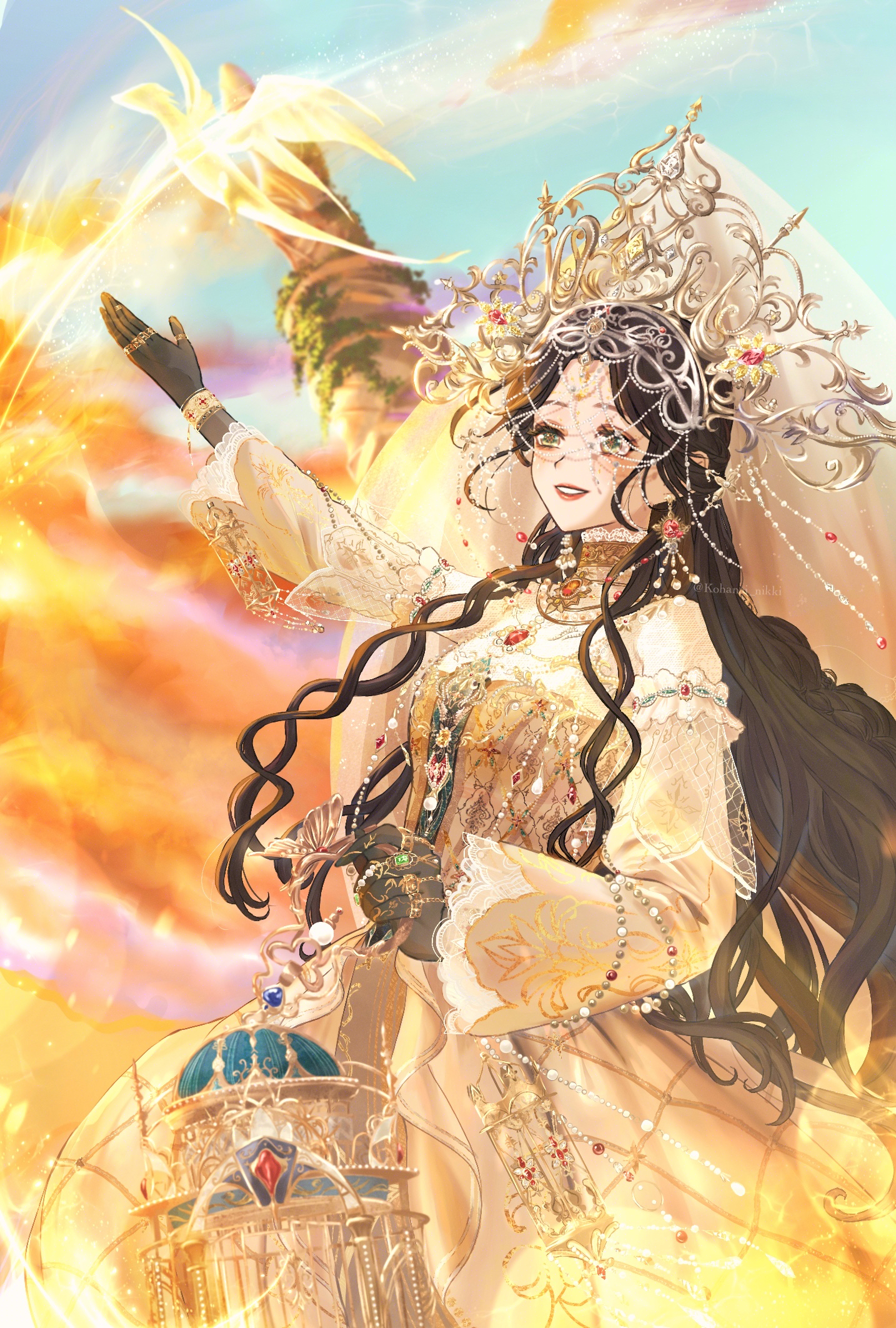 kohanai setsuna, behind prayers (infinity nikki), infinity nikki, nikki (series), commentary, commentary request, english commentary, highres, mixed-language commentary, 1girl, argyle clothes, argyle dress, armor, black gloves, black hair, blue sky, bracelet, breastplate, choker, circlet, cloud, cowboy shot, crown, dragon, dress, earrings, eyelashes, eyeshadow, fire, frilled sleeves, frills, gem, gloves, gold bracelet, gold choker, gold crown, gold ring, green eyes, happy, holding, holding lantern, jewelry, lace-trimmed sleeves, lace trim, lantern, layered sleeves, light blush, light particles, lipstick, long hair, long sidelocks, long sleeves, looking ahead, makeup, multiple rings, outstretched arm, parted lips, red gemstone, red lips, ring, ring on every finger, short over long sleeves, short sleeves, sidelocks, sky, small dragon, smile, solo, standing, teeth, towel, veil, very long hair, wavy hair, yellow dress, yellow eyeshadow, yellow veil