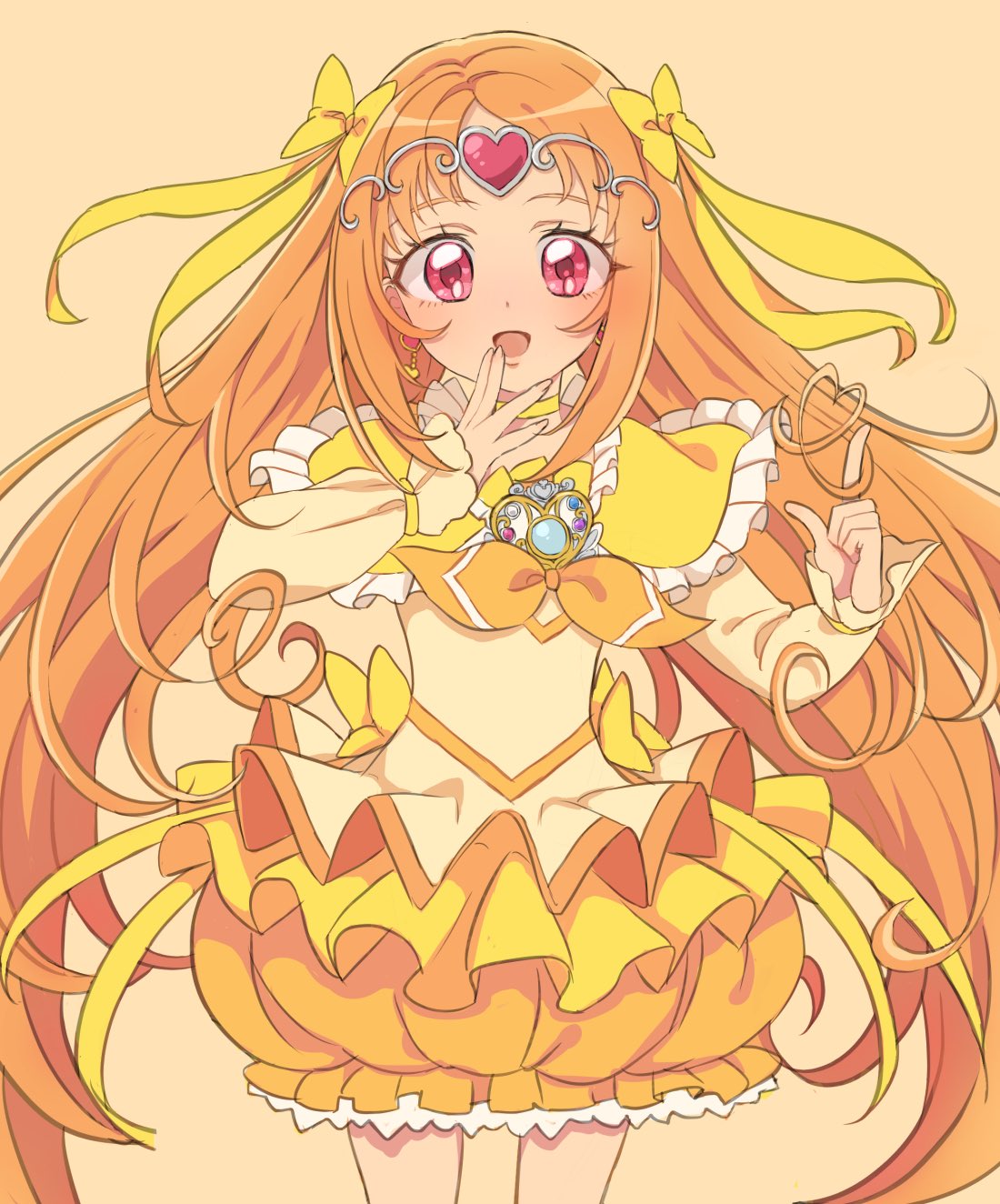 mofuko, cure muse (yellow), shirabe ako, precure, suite precure, commentary, highres, 1girl, blouse, bow, bubble skirt, choker, cowboy shot, hair bow, hand to own mouth, heart, heart choker, long hair, long sleeves, looking at viewer, magical girl, open mouth, orange hair, pink eyes, shirt, simple background, skirt, smile, solo, standing, tiara, very long hair, yellow background, yellow bow, yellow choker, yellow shirt, yellow skirt