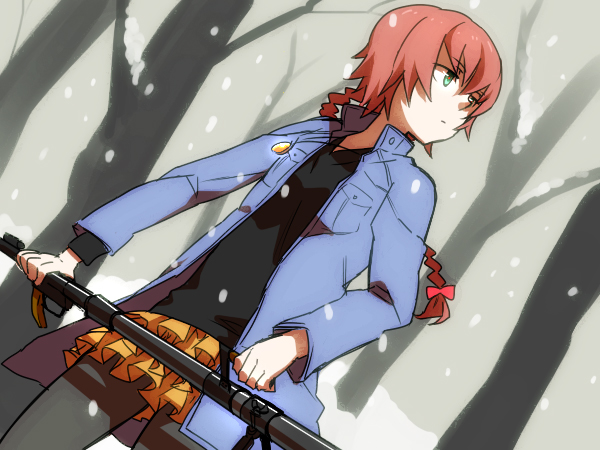 mackerel, sabo (fuya 2), suou pavlichenko, darker than black, 00s, 1girl, anti-materiel rifle, bolt action, boots, braid, coat, female focus, green eyes, gun, jewelry, nature, necklace, outdoors, pantyhose, ptrd-41, red hair, rifle, single braid, skirt, sniper rifle, snow, solo, tree, weapon