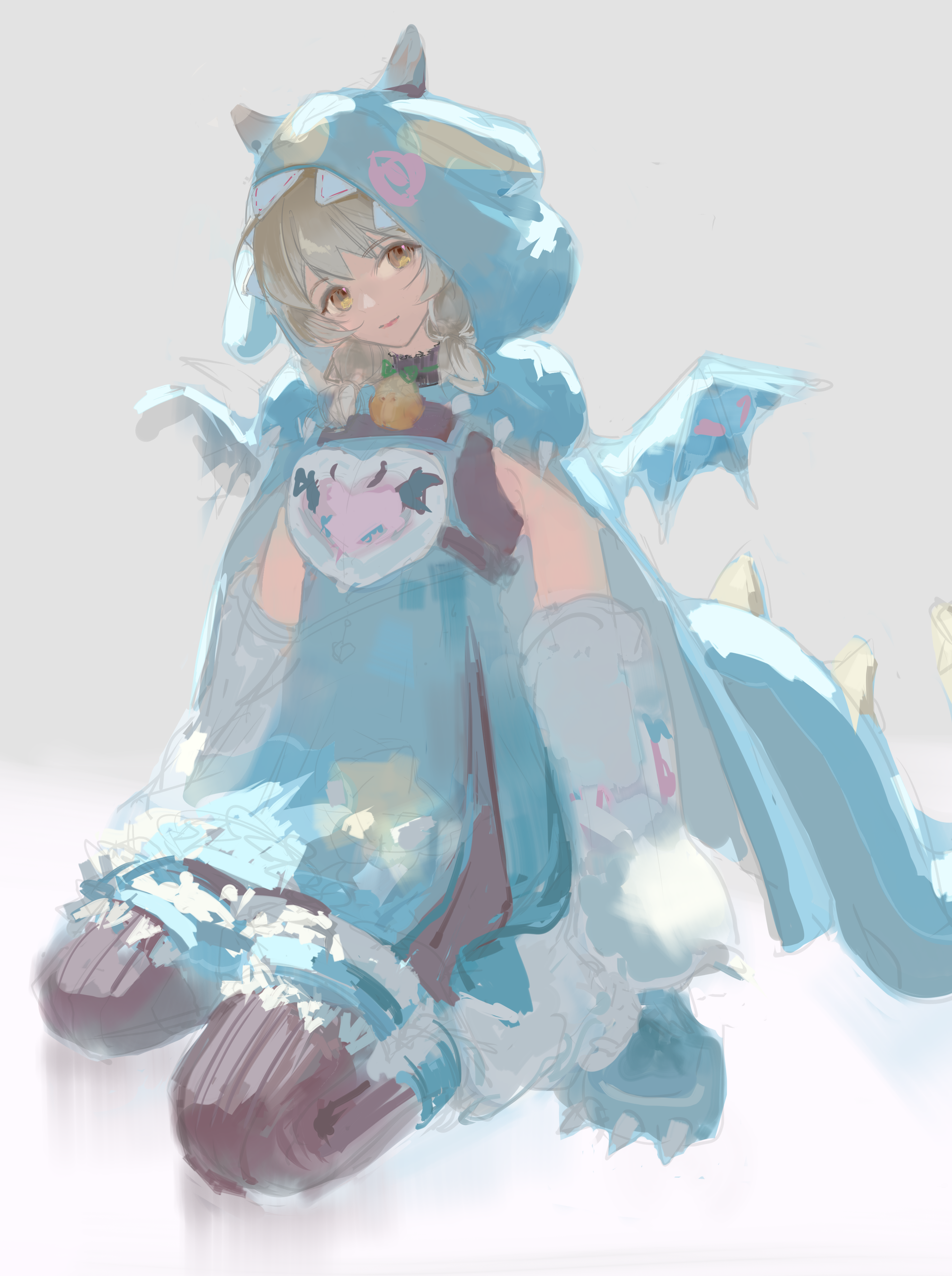 tookeiu, deepwood dream (infinity nikki), infinity nikki, nikki (series), absurdres, commentary request, highres, 1girl, animal costume, animal ear hood, animal hands, bell, black choker, black dress, black horns, black pantyhose, blonde hair, blue cloak, blue dress, blue gloves, blue shorts, blue tail, blue wings, brown eyes, choker, cloak, closed mouth, dragon costume, dragon horns, dragon tail, dragon wings, dress, elbow gloves, fake animal ears, fake tail, fake wings, frilled choker, frilled dress, frilled shorts, frills, full body, fur gloves, fur leg warmers, gloves, grey background, hair over shoulder, happy, heart, heart print, hood, hood up, hooded cloak, horned hood, horns, kneeling, layered dress, leg warmers, lips, long hair, low twintails, neck bell, pantyhose, paw gloves, paw shoes, pink lips, print dress, reflective floor, short dress, short hair, shorts, shorts under dress, sleeveless, sleeveless dress, smile, solo, star (symbol), star print, striped clothes, striped pantyhose, tail, tareme, twintails, vertical-striped clothes, vertical-striped pantyhose, white leg warmers, wings