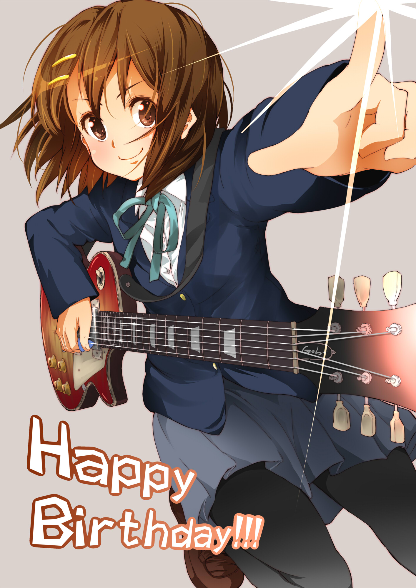 nishiuri warito, hirasawa yui, gibson, k-on!, bad id, bad pixiv id, highres, 00s, 1girl, birthday, blazer, brown eyes, brown hair, female focus, gibson les paul, guitar, hair ornament, hairclip, instrument, jacket, pantyhose, plectrum, pointing, school uniform, short hair, skirt, solo
