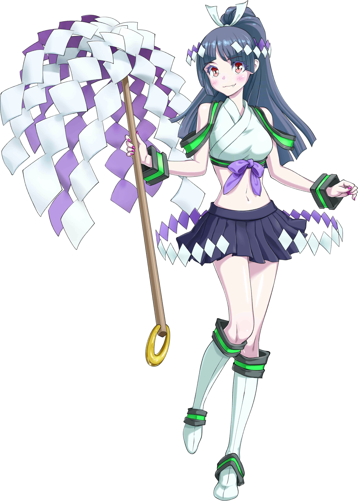 iwamoto tatsurou, kokoro (megami tensei), shin megami tensei, shin megami tensei: liberation dx2, highres, official art, third-party source, 1girl, black hair, blush, closed mouth, fang, full body, gohei, hair ornament, hair ribbon, holding, holding gohei, midriff, navel, pink nails, ponytail, red eyes, ribbon, shide, simple background, skirt, solo, transparent background, white ribbon