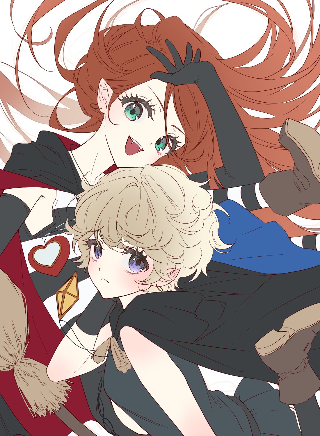 fern (bhbtr), chocolat meilleure, vanilla mieux, sugar sugar rune, highres, unfinished, 2girls, black gloves, blonde hair, boots, broom, brown boots, cape, dress, elbow gloves, eyelashes, fangs, floating hair, gloves, green eyes, holding, holding broom, jewelry, long hair, looking at viewer, multiple girls, open mouth, orange hair, pale skin, pendant, purple eyes, short hair, simple background, smile, white background