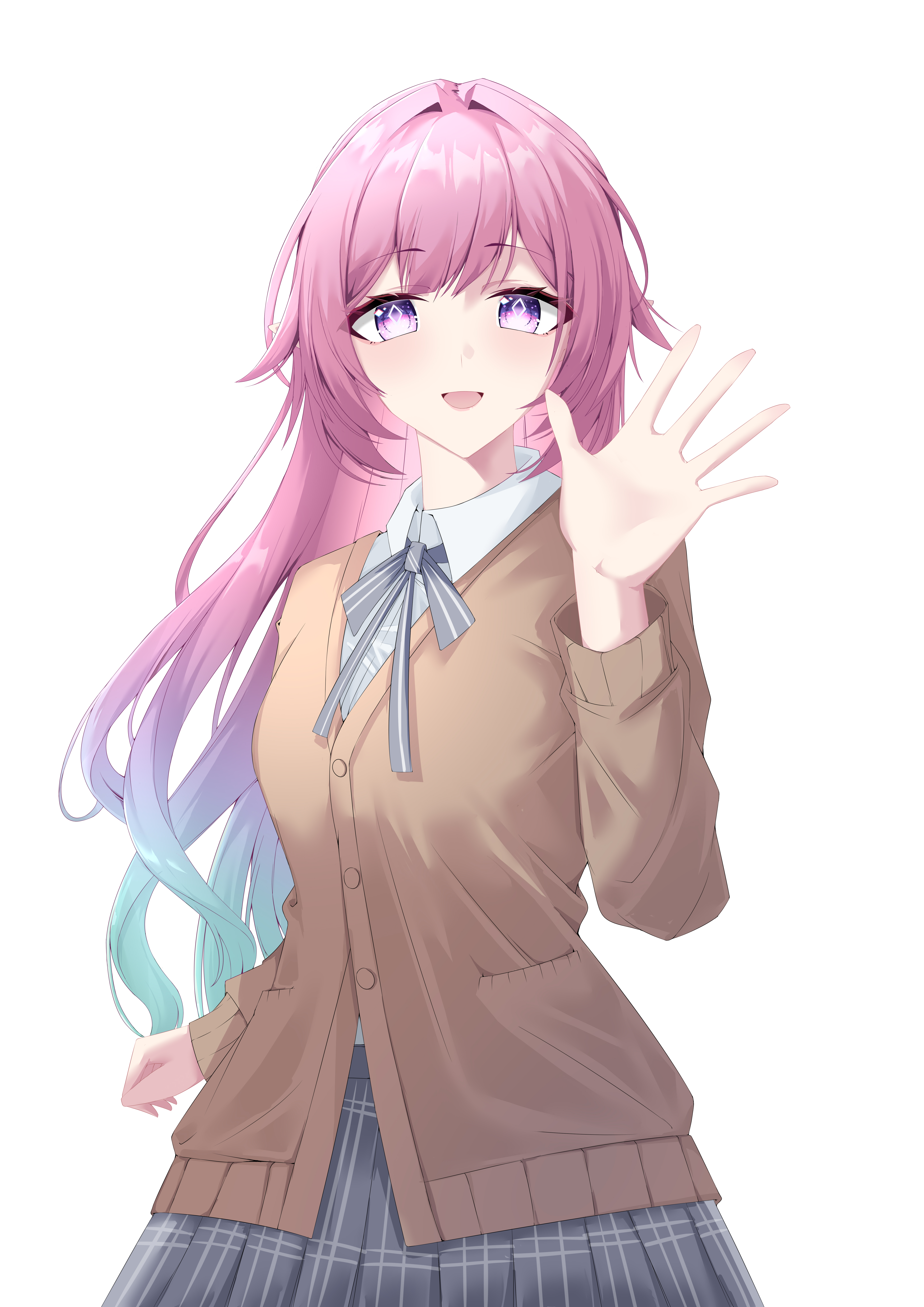 cyrene (demiurge) (honkai: star rail), cyrene (honkai: star rail), honkai: star rail, honkai (series), absurdres, commentary request, highres, 1girl, alternate costume, aqua hair, bei feng (user mjck7355), black skirt, breasts, brown vest, diamond-shaped pupils, diamond (shape), gradient hair, large breasts, long hair, looking at viewer, multicolored hair, pink hair, purple eyes, school uniform, simple background, skirt, smile, solo, symbol-shaped pupils, two-tone hair, very long hair, vest, white background