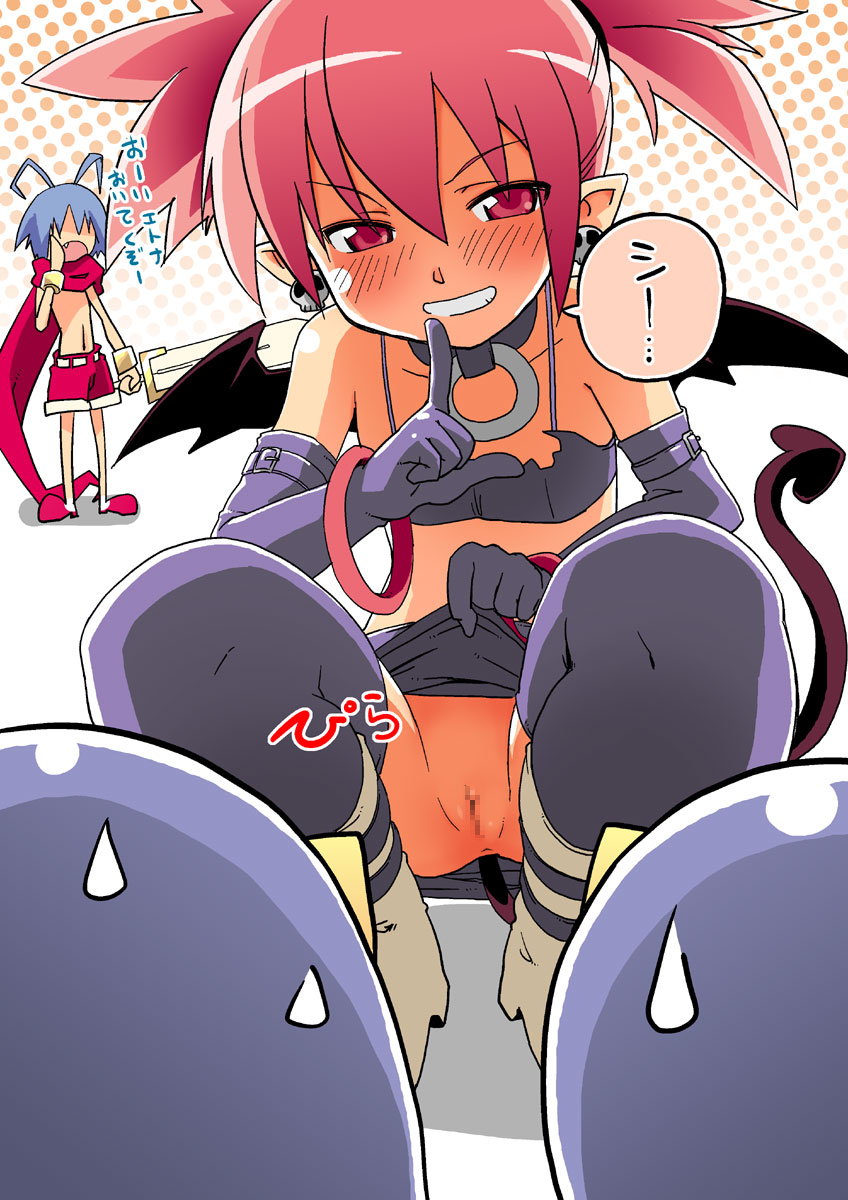 kaeru kenshi, etna (disgaea), laharl, prinny, disgaea, makai senki disgaea, bad id, bad pixiv id, highres, translated, 00s, 1boy, 1girl, boots, bracelet, censored, clothes lift, collar, demon girl, demon tail, demon wings, earrings, elbow gloves, exhibitionism, finger to mouth, flashing, gloves, jewelry, loli, miniskirt, mosaic censoring, naughty face, no panties, public indecency, pussy, shushing, skirt, skirt lift, squatting, tail, thighhighs, wings