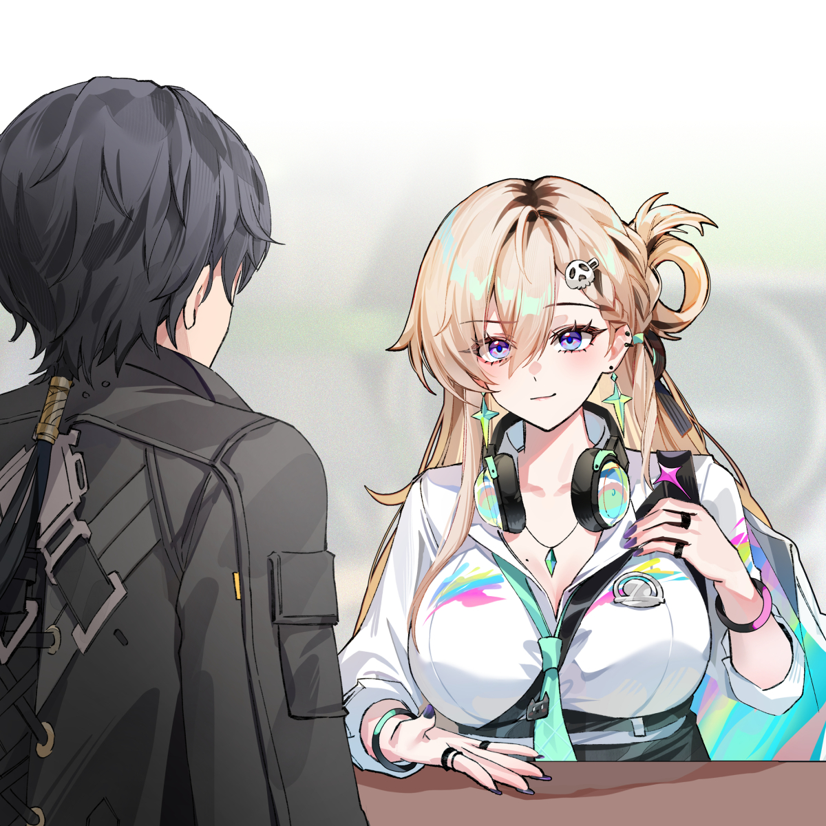 foxyreine, lynae (wuthering waves), male rover (wuthering waves), rover (wuthering waves), wuthering waves, commentary, english commentary, highres, 1boy, 1girl, aqua necktie, black hair, black jacket, black nails, blonde hair, boobs? wanna touch boobs? (meme), breasts, closed mouth, earrings, fingernails, hair between eyes, hair ornament, headphones, headphones around neck, jacket, jewelry, large breasts, meme, nail polish, necklace, necktie, purple eyes, skull hair ornament, smile, star (symbol), star earrings