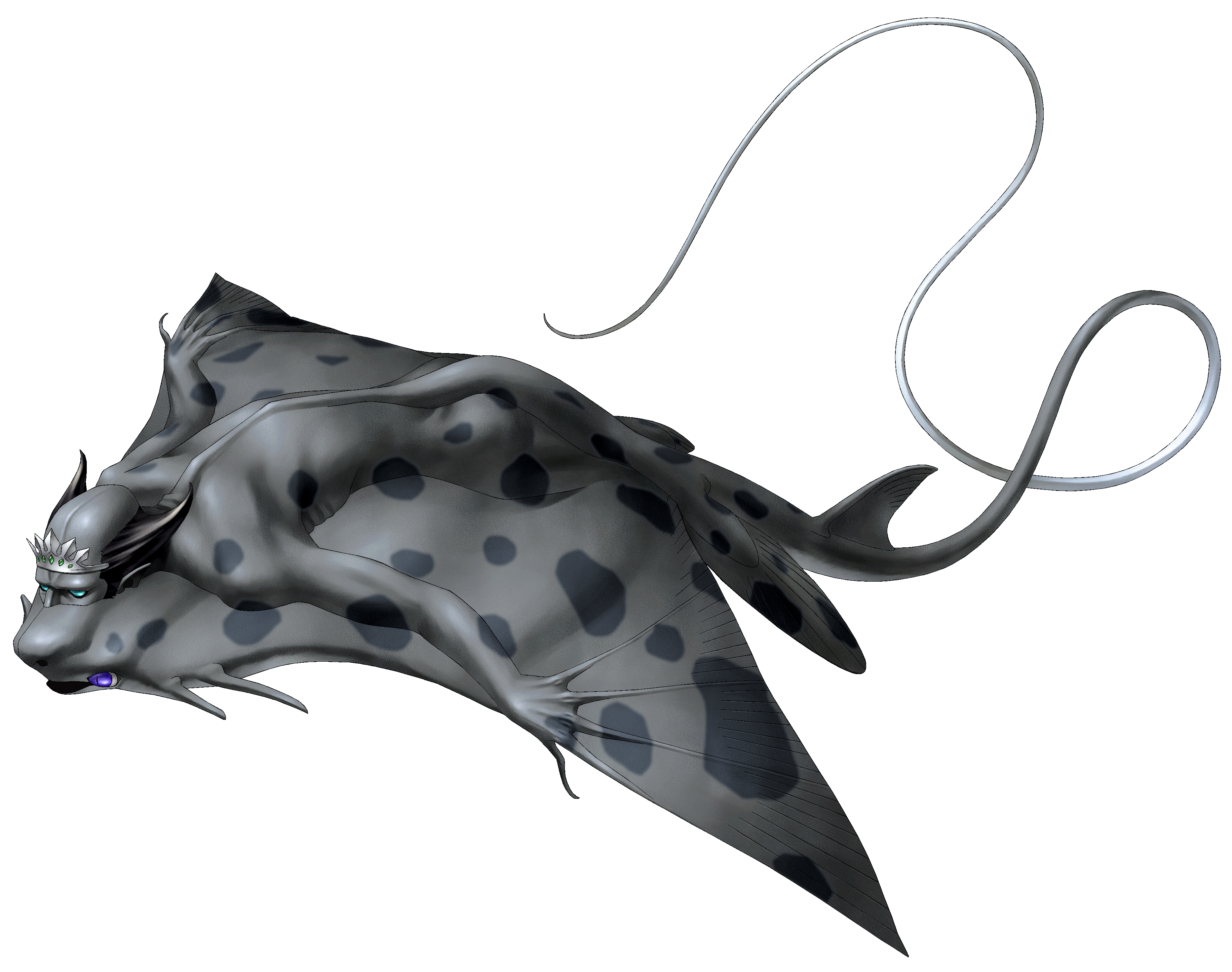 kazuma kaneko, forneus (megami tensei), shin megami tensei, shin megami tensei i, absurdres, highres, official art, third-party source, 1boy, aqua eyes, black hair, blue eyes, demon (megami tensei), extra eyes, manta ray, solo, tiara, transparent background