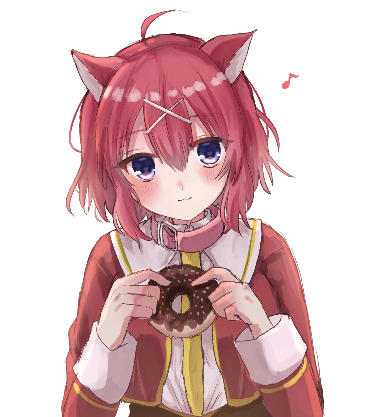 retugo asa, masaki gaillard, amairo islenauts, commentary request, highres, 1girl, :3, ahoge, animal collar, animal ears, blush, chocolate donut, closed mouth, collar, donut, fen cichlid girls academy school uniform, food, hair between eyes, hair ornament, hands up, holding, holding donut, holding food, jacket, long sleeves, looking at viewer, medium hair, musical note, necktie, open clothes, open jacket, purple eyes, red hair, red jacket, school uniform, shirt, smile, solo, upper body, white background, white shirt, wolf ears, wolf girl, x hair ornament, yellow necktie