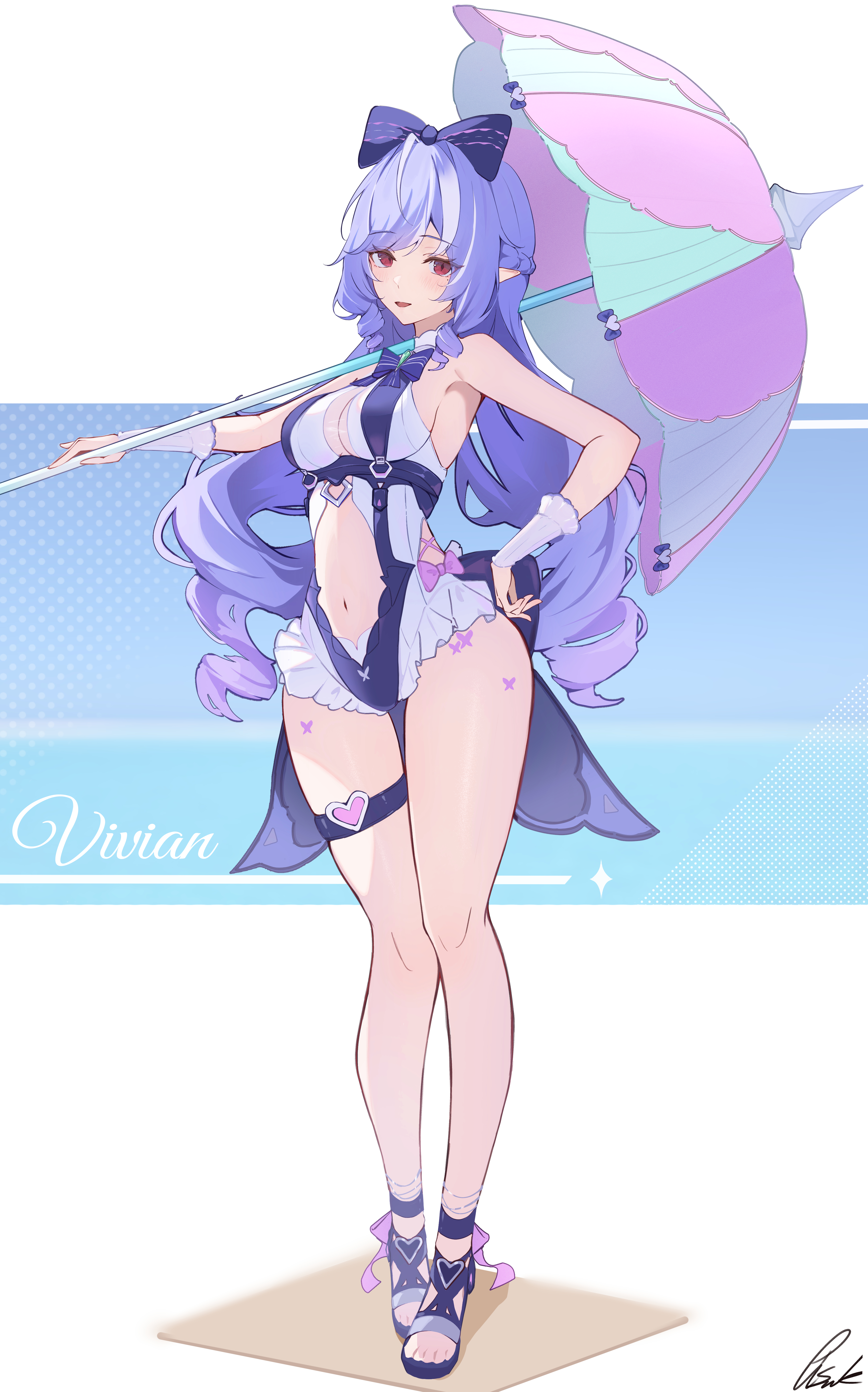 pisuke (user kcmh2774), vivian banshee, vivian banshee (iris of the shore), zenless zone zero, absurdres, commentary request, highres, 1girl, animal print, bare shoulders, blue background, blush, bow, bowtie, breasts, butterfly print, character name, cleavage, clothing cutout, drill hair, footwear ribbon, frilled one-piece swimsuit, frilled wrist cuffs, frills, full body, gem, green gem, hair bow, long hair, looking at viewer, medium breasts, mole, mole under eye, multicolored umbrella, navel, official alternate costume, one-piece swimsuit, open-toe shoes, pink umbrella, pointy ears, purple bow, purple bowtie, purple hair, purple shoes, red eyes, shoes, sideboob cutout, signature, solo, standing, stomach cutout, swimsuit, thigh strap, two-tone one-piece swimsuit, umbrella, white background, white one-piece swimsuit, wrist cuffs