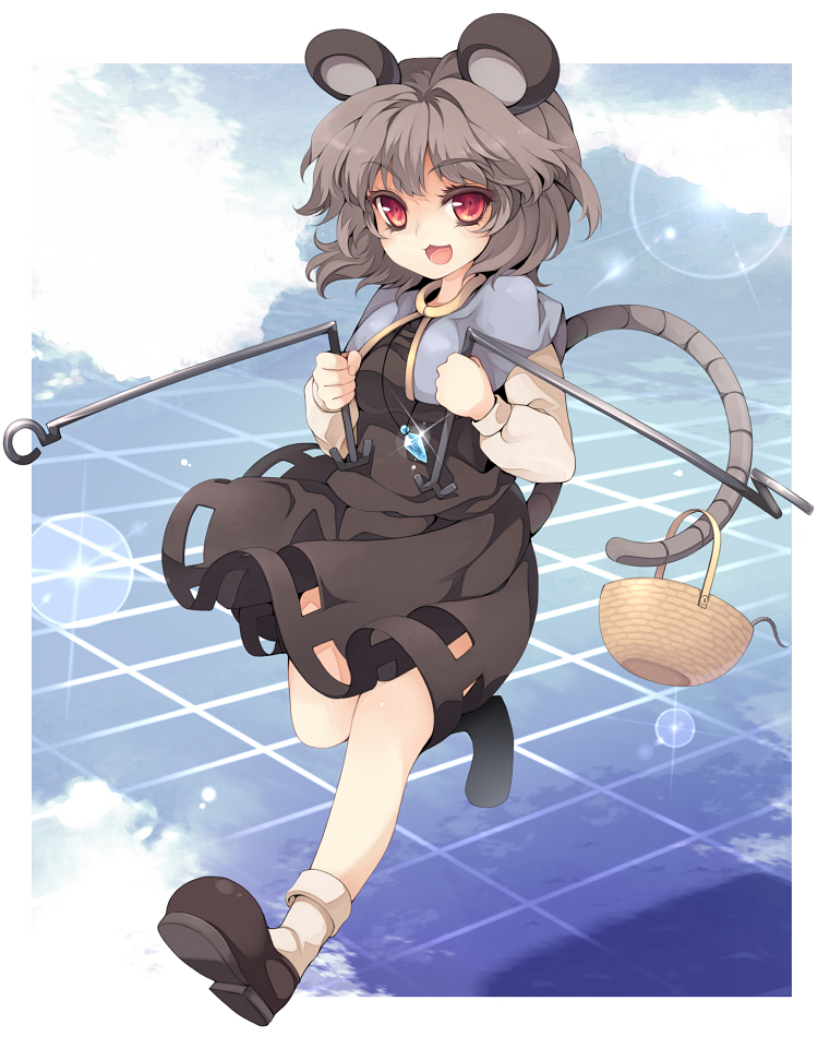 uruu gekka, nazrin, touhou, 1girl, :3, animal ears, dowsing rod, female focus, grey hair, jewelry, mouse (animal), mouse ears, mouse tail, open mouth, pendant, red eyes, short hair, solo, tail