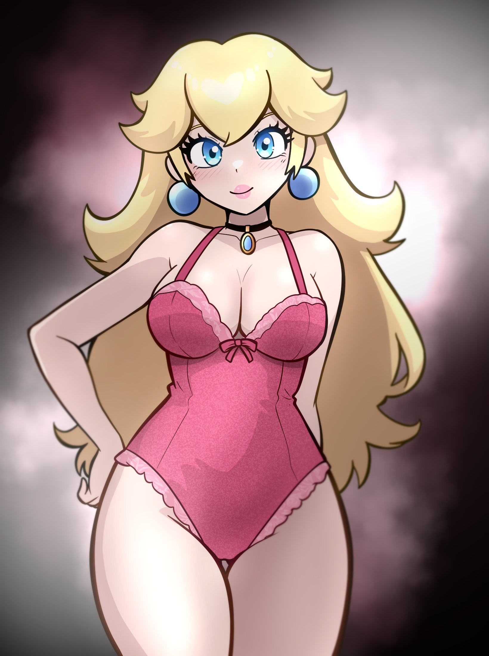 muis0802, princess peach, mario (series), nintendo, highres, 1girl, blonde hair, blue eyes, breasts, cleavage, cowboy shot, earrings, fringe trim, hair between eyes, hand on own hip, highleg, highleg leotard, jewelry, large breasts, leotard, long hair, looking at viewer, pink leotard, pink lips, solo, sphere earrings, very long hair