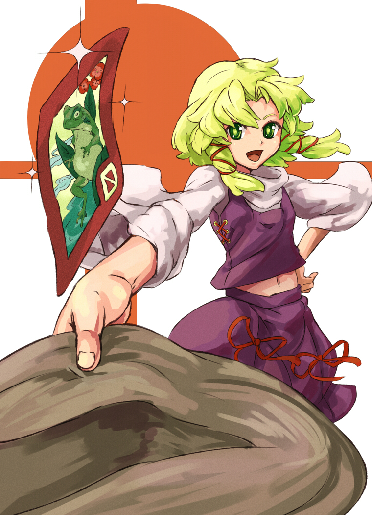 shibasaki shouji, moriya suwako, touhou, bad id, bad pixiv id, 1girl, blonde hair, card, female focus, floating card, frog, green eyes, green hair, hat, matching hair/eyes, midriff, navel, no headwear, solo, unworn hat, unworn headwear