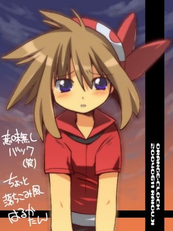 may (pokemon), nintendo, pokemon, lowres, translation request, bandana, blue eyes, brown hair, messy hair, solo