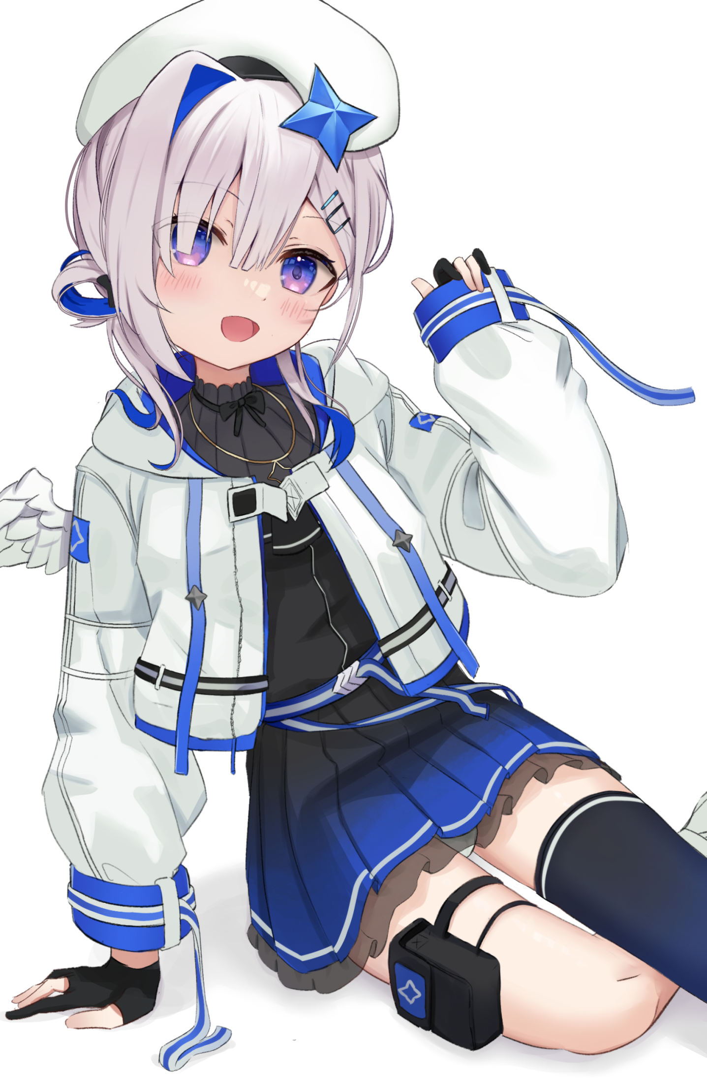 badao, amane kanata, amane kanata (work), hololive, commentary request, highres, 1girl, :d, angel, asymmetrical legwear, beret, black ribbon, blue eyes, blue hair, blue skirt, dot nose, feathered wings, gloves, hat, jacket, long hair, long sleeves, looking at viewer, multicolored hair, official alternate costume, open mouth, partially fingerless gloves, puffy sleeves, ribbon, simple background, skirt, smile, solo, star (symbol), virtual youtuber, white hair, white jacket, wings
