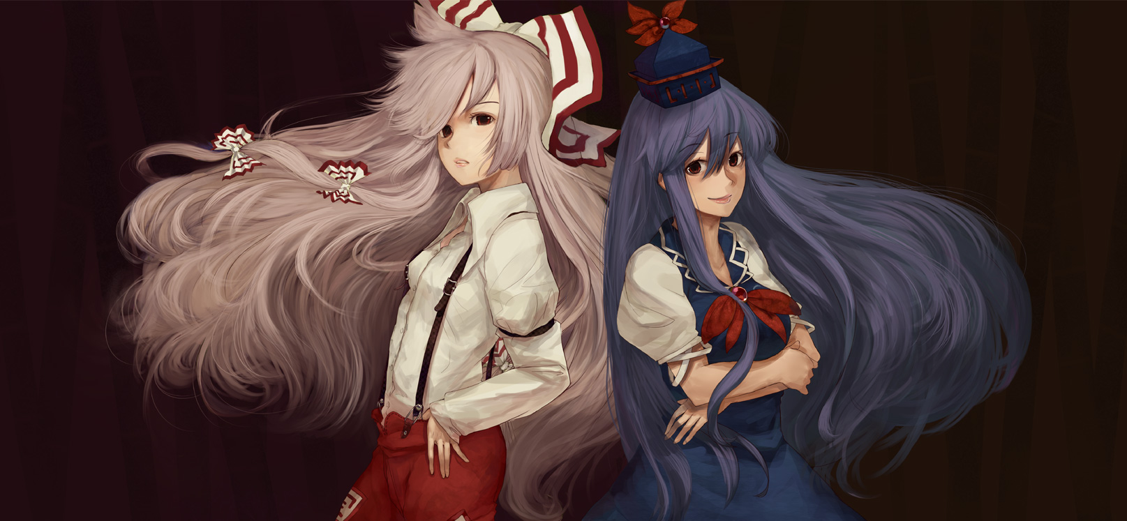 shirabi, fujiwara no mokou, kamishirasawa keine, touhou, silver hair, highres, 2girls, back-to-back, blue hair, bow, crossed arms, dress, female focus, hair bow, hair ribbon, hat, lips, long hair, multiple girls, red eyes, ribbon, smile, standing, suspenders, wind