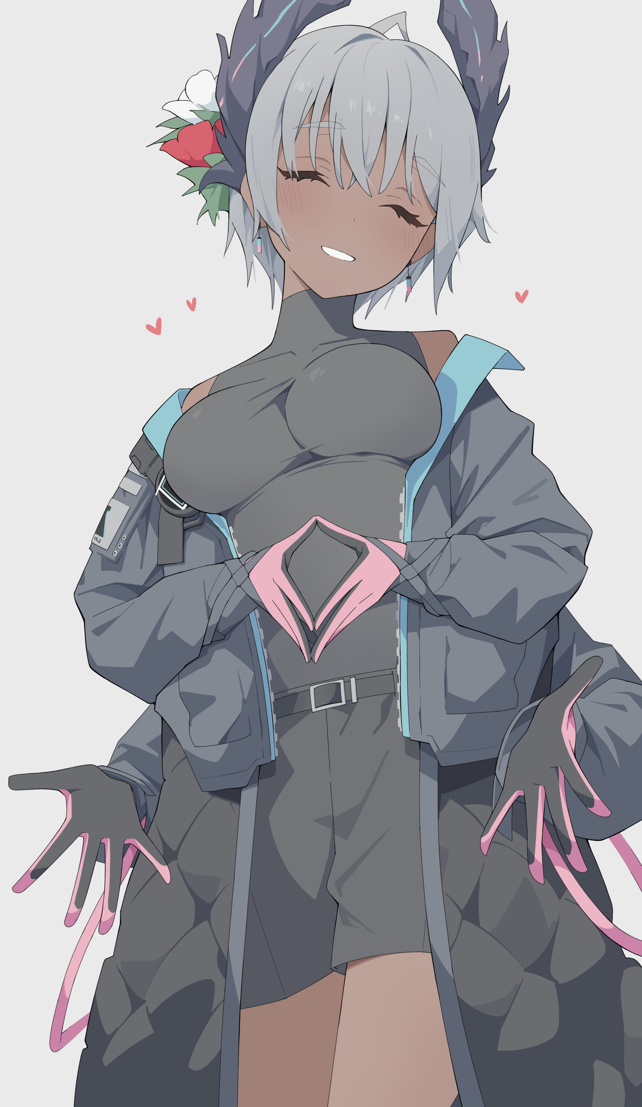 yuuko (oruta), raidian (arknights), arknights, absurdres, commentary request, highres, partial commentary, 1girl, :d, ^ ^, belt, black belt, black coat, black gloves, black shirt, black shorts, breasts, closed eyes, coat, cowboy shot, dark-skinned female, dark skin, extra arms, facing viewer, gloves, grey background, grey hair, grin, heart, light blush, long sleeves, medium breasts, off shoulder, open mouth, own hands together, pink gloves, shirt, short hair, shorts, simple background, smile, solo, standing, turtleneck, turtleneck shirt