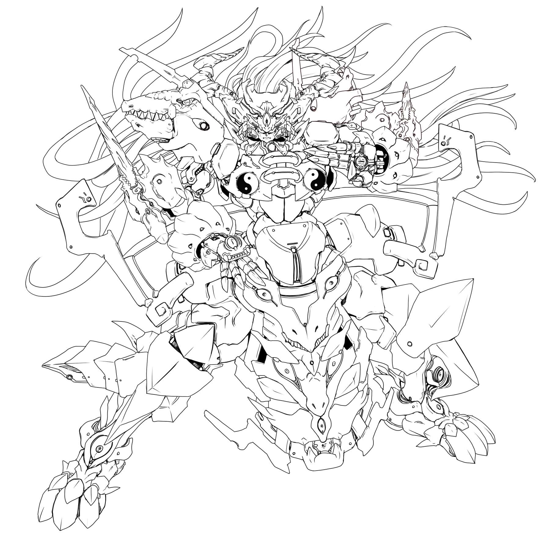 ledjoker07, hong meiling, touhou, highres, 1girl, female focus, full body, greyscale, mechanization, monochrome, simple background, solo, white background