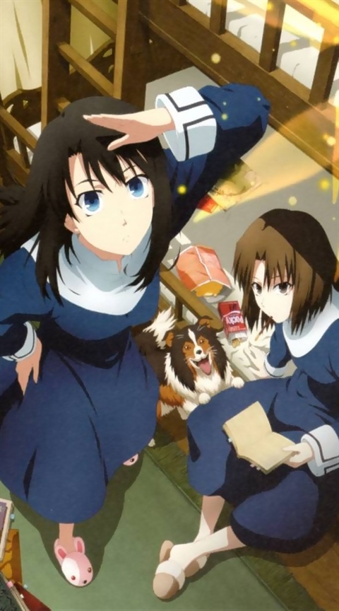 kokutou azaka, ryougi shiki, kara no kyoukai, 2girls, bed, black hair, blue eyes, book, brown hair, bunk bed, chips (food), dog, dutch angle, food, from above, hand on own hip, hip focus, looking up, mouth hold, multiple girls, pocky, potato chips, school uniform, shading eyes, slippers