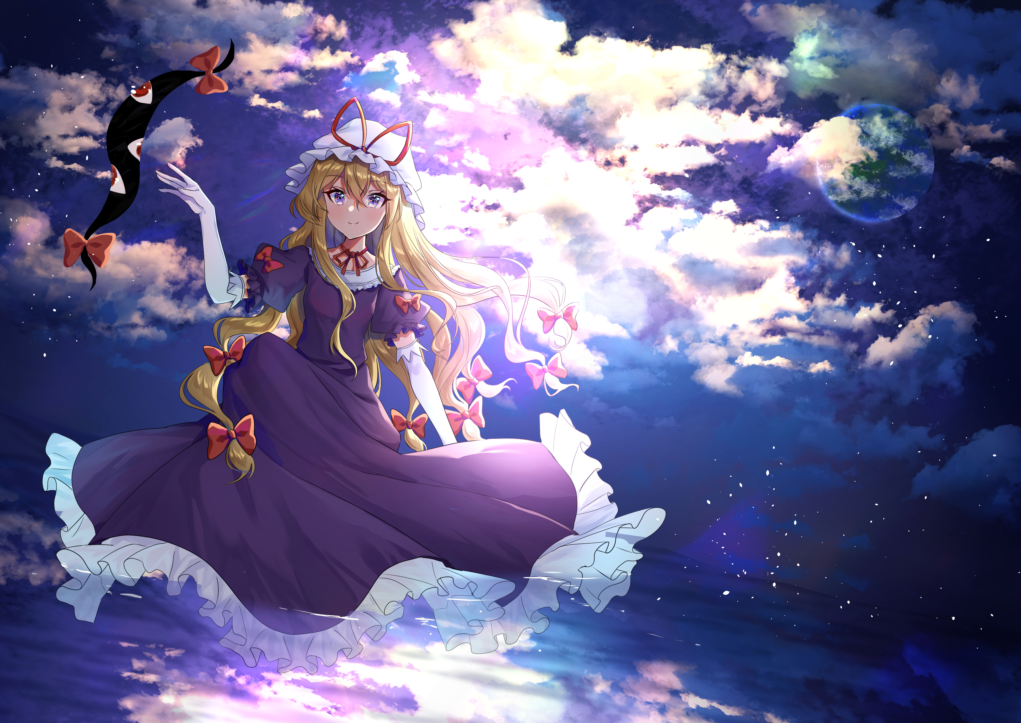 nettian51, yakumo yukari, touhou, absurdres, commentary, highres, blonde hair, bow, closed mouth, cloud, dress, earth (planet), elbow gloves, floating, frilled dress, frills, gap (touhou), gloves, hair bow, hat, hat ribbon, long hair, looking at viewer, mob cap, multiple hair bows, neck ribbon, night, petals, planet, purple dress, purple eyes, red bow, red ribbon, ribbon, short sleeves, smile, very long hair, water, white gloves, white hat