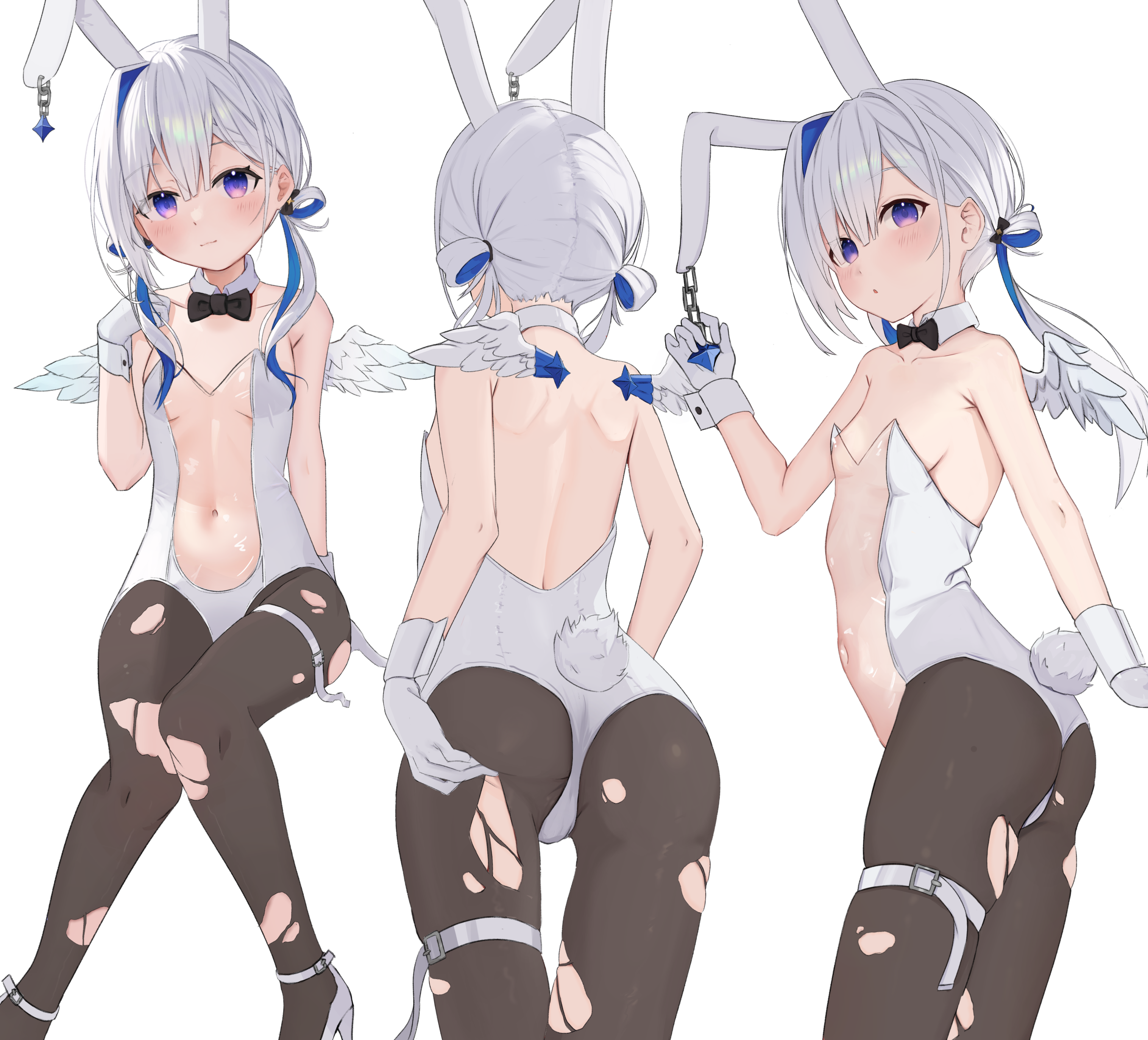 badao, amane kanata, hololive, absurdres, commentary request, highres, 1girl, alternate costume, angel, animal ears, bare shoulders, black bow, black bowtie, blue hair, bow, bowtie, breasts, closed mouth, detached collar, dot mouth, dot nose, fake animal ears, feathered wings, from behind, gloves, hair ornament, leotard, light blush, long hair, looking at viewer, multicolored hair, multiple views, navel, pantyhose, playboy bunny, purple eyes, rabbit ears, rabbit tail, small breasts, smile, tail, thighs, virtual youtuber, white gloves, white hair, white leotard, wings