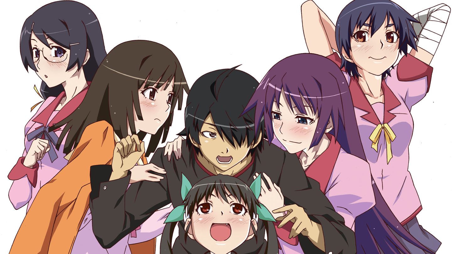 tsurugi (artist), araragi koyomi, hachikuji mayoi, hanekawa tsubasa, kanbaru suruga, sengoku nadeko, senjougahara hitagi, bakemonogatari, monogatari (series), nekomonogatari, bad id, bad pixiv id, 00s, 10s, 1boy, 5girls, ahoge, bandages, black hair, brown hair, girl sandwich, glasses, hair over one eye, harem, multiple girls, purple hair, sandwiched, school uniform, twintails