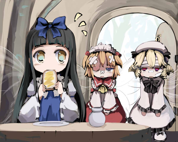 gatau, luna child, star sapphire, sunny milk, perfect memento in strict sense, touhou, 3girls, bandages, bandaid, black hair, blonde hair, blue eyes, bread, bruise, eating, female focus, food, honey, indoors, injury, multiple girls, orange hair, red eyes, sitting, standing, tree, wings