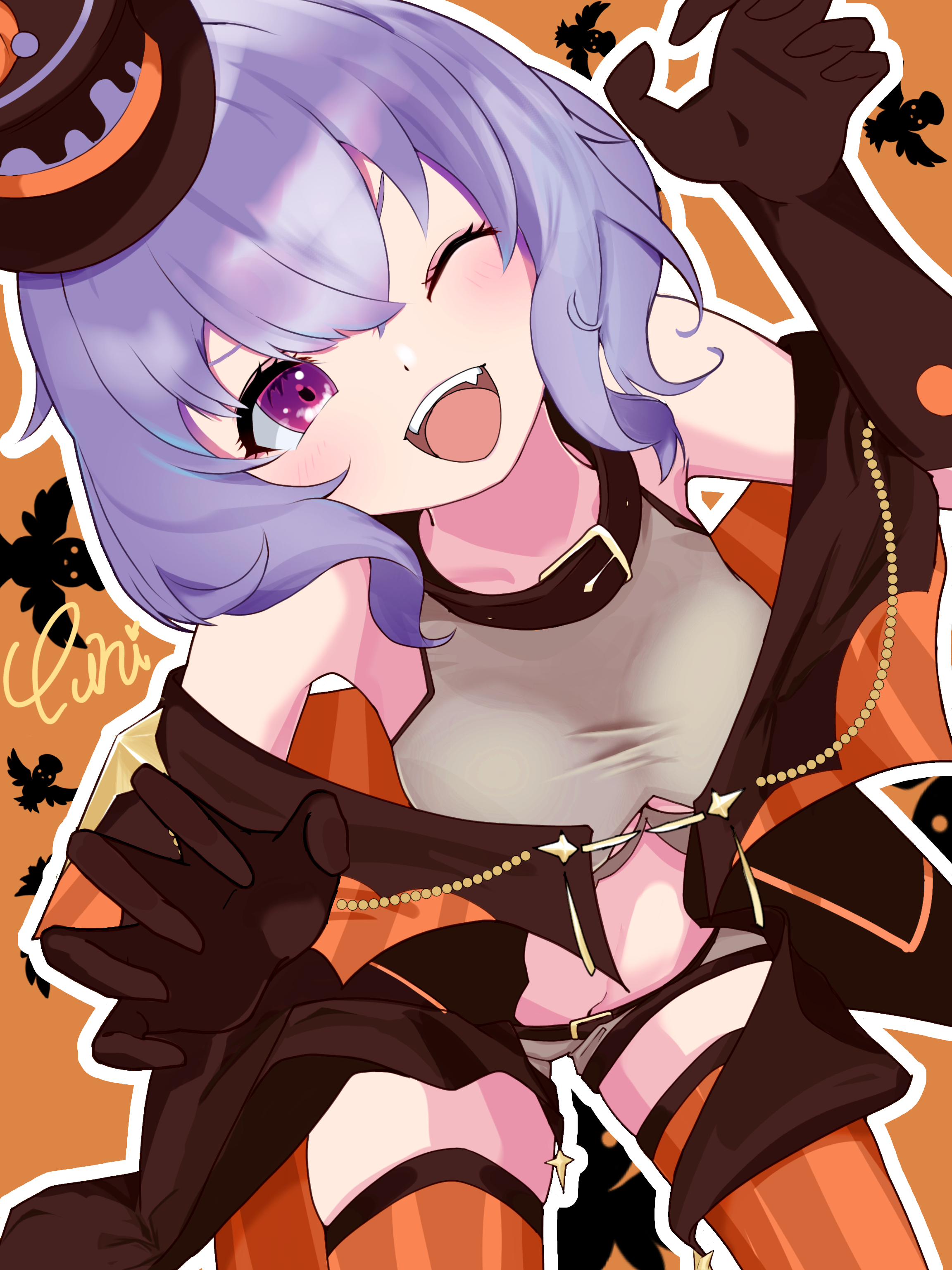 popona, idola phantasy star saga, phantasy star, phantasy star online 2, phantasy star online 2 new genesis, absurdres, commentary request, highres, 1girl, bare shoulders, blush, breasts, brown gloves, brown hat, claw pose, collar, crop top, elbow gloves, fang, gloves, grey shirt, grey shorts, halloween, hands up, hat, leaning forward, looking at viewer, medium breasts, medium hair, midriff, mini hat, navel, off-shoulder capelet, one eye closed, open mouth, orange background, orange thighhighs, purple eyes, purple hair, shirt, shorts, signature, sleeveless, sleeveless shirt, smile, solo, teeth, thighhighs, upper teeth only, virtual youtuber, ynininini