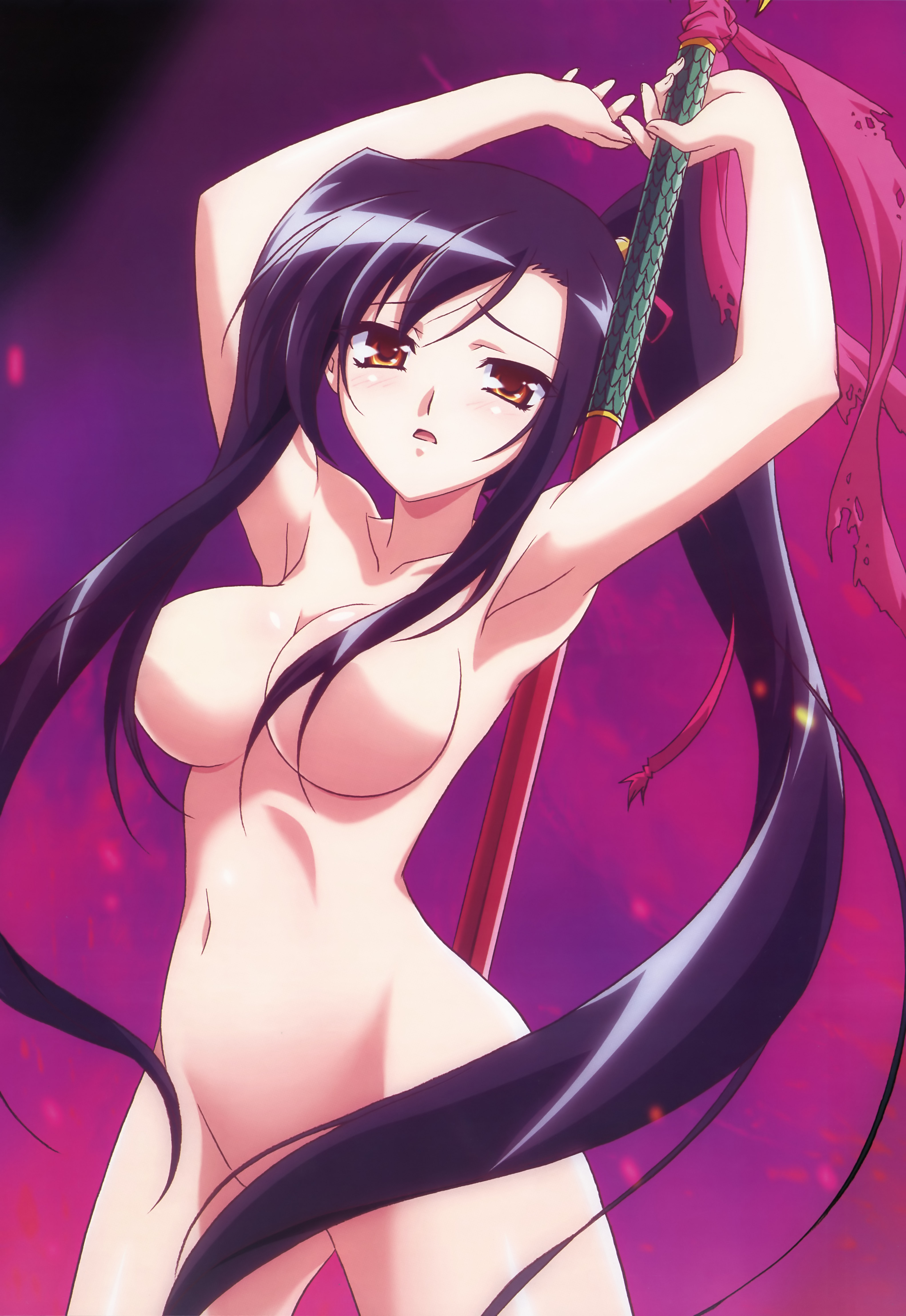 hiratsuka tomoya, kan'u (koihime musou), koihime musou, nyantype, absurdres, highres, non-web source, official art, scan, 00s, 1girl, armpits, arms up, black hair, breasts, censored, cleavage, collarbone, completely nude, convenient censoring, female focus, guandao, hair censor, hair over breasts, large breasts, long hair, navel, nude, open mouth, ponytail, red eyes, solo, very long hair, weapon, yellow eyes