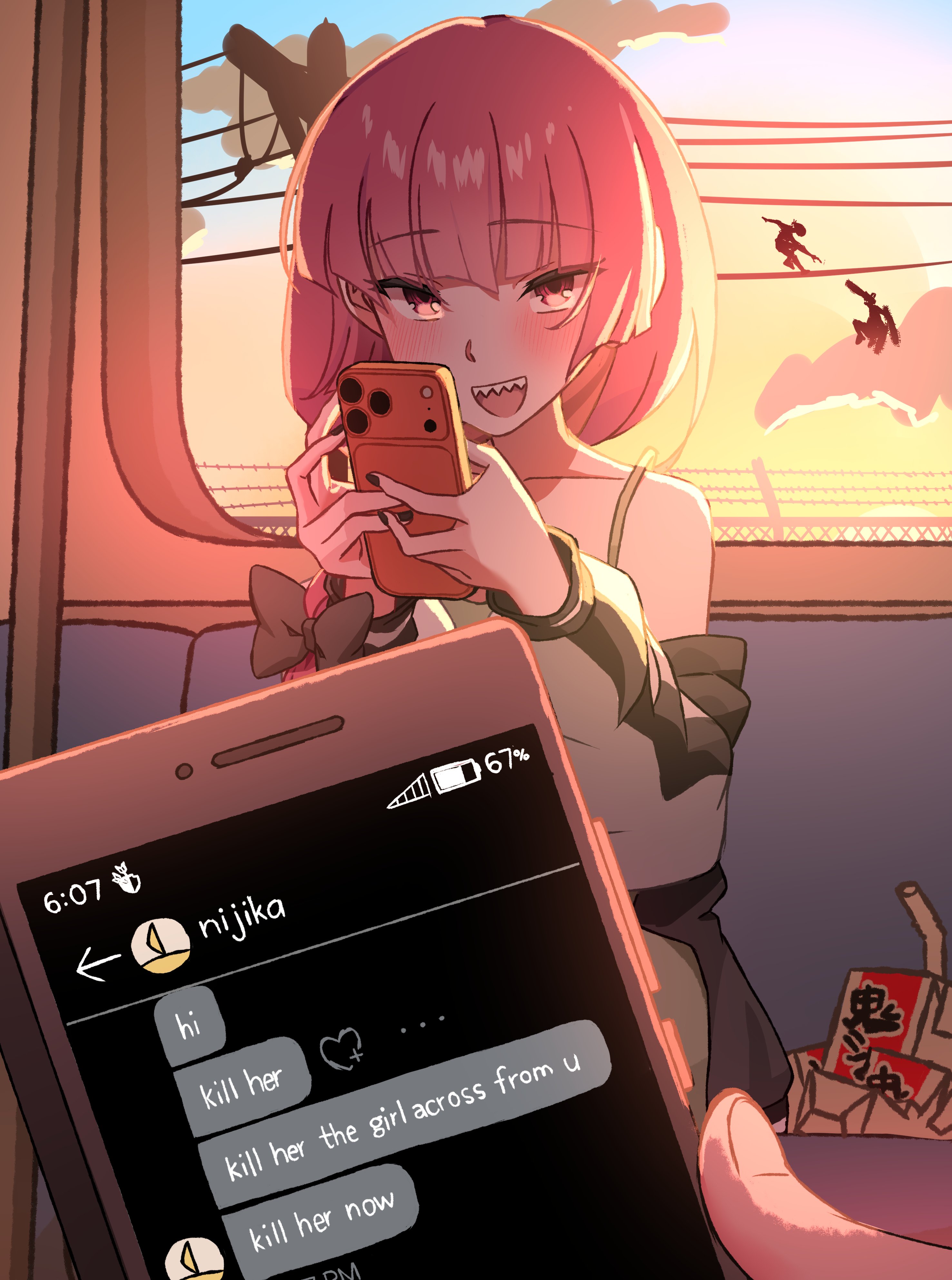 bomb devil (chainsaw man), denji (chainsaw man), hiroi kikuri, ijichi nijika, bocchi the rock!, chainsaw man, absurdres, highres, ballimurphy, blush, drinking straw, english text, long hair, looking at phone, phone, power lines, red hair, sharp teeth, sitting, subway, teeth