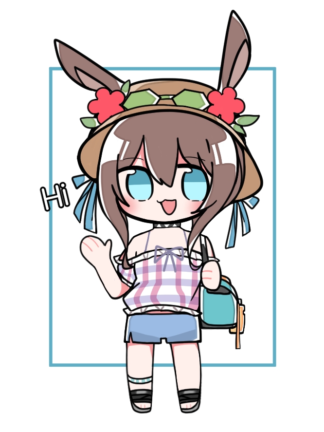 xijian, amiya (arknights), arknights, amiya (summer) (arknights), animal ears, aqua bag, aqua eyes, bag, blue shorts, brown hair, chibi, chibi only, english text, full body, hand up, hat, holding, holding bag, open mouth, pink shirt, rabbit ears, rabbit girl, shirt, shorts, simple background, smile, standing, straw hat, white background