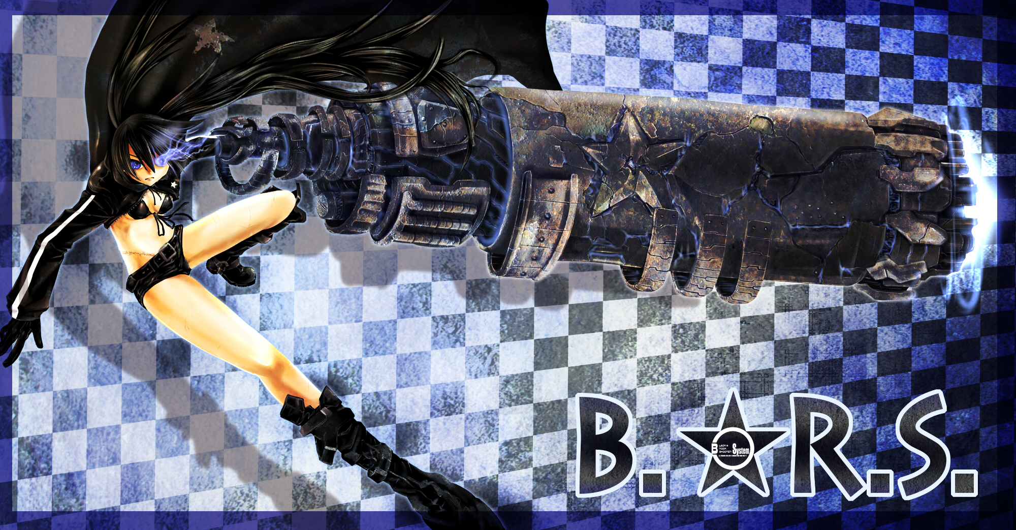 ledjoker07, black rock shooter, highres, 10s, arm cannon, bikini, bikini top only, black boots, black hair, blue eyes, boots, gloves, glowing, glowing eyes, scar, shorts, solo, swimsuit, weapon