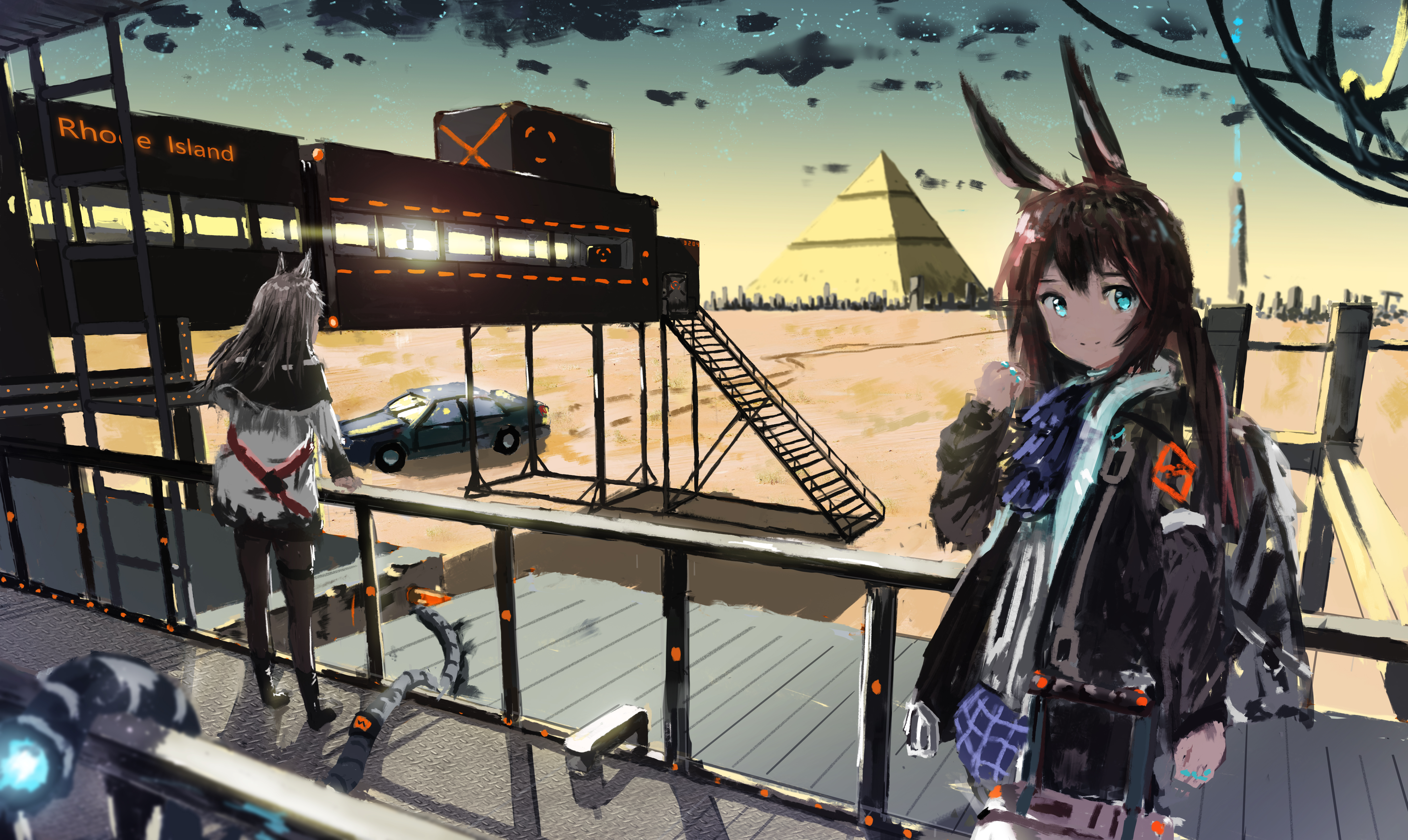 akdove, amiya (arknights), infection monitor (arknights), texas (arknights), arknights, absurdres, highres, 1girl, animal ears, ascot, black jacket, blue eyes, blue skirt, brown hair, car, closed mouth, from behind, full body, hair between eyes, hand up, jacket, jewelry, long hair, motor vehicle, multiple rings, open clothes, open jacket, outdoors, purple ascot, rabbit ears, rabbit girl, ring, shirt, skirt, smile, solo, white shirt
