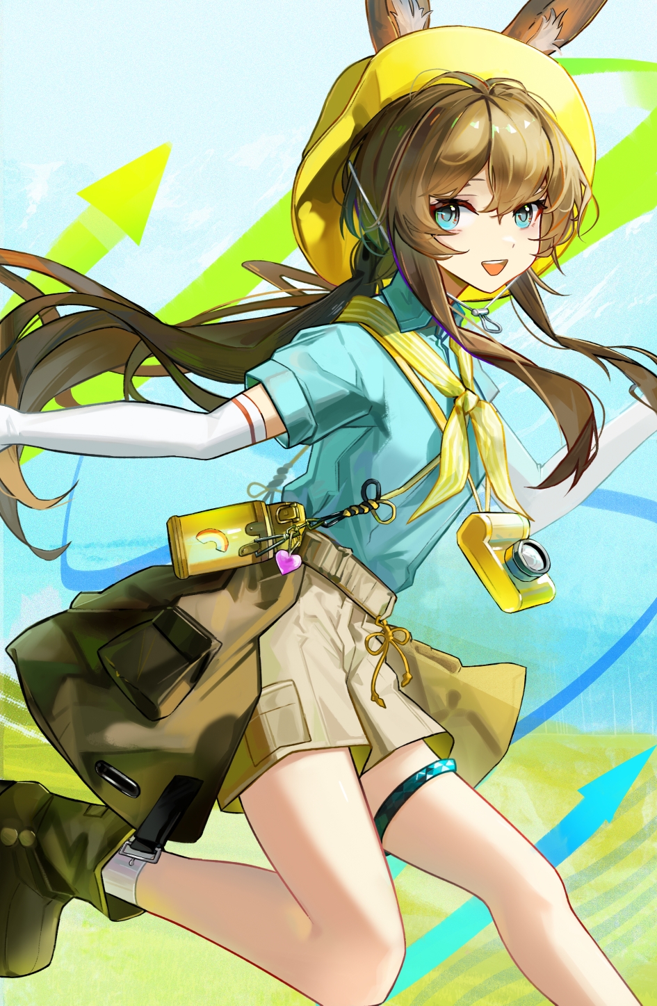 straw thoughts (daocao), amiya (arknights), arknights, highres, 1girl, animal ears, blue eyes, boots, brown bag, brown boots, brown hair, hair between eyes, long hair, long sidelocks, looking at viewer, open mouth, rabbit ears, rabbit girl, running, short hair, shorts, sidelocks, smile, solo, teeth, upper teeth only, very long hair
