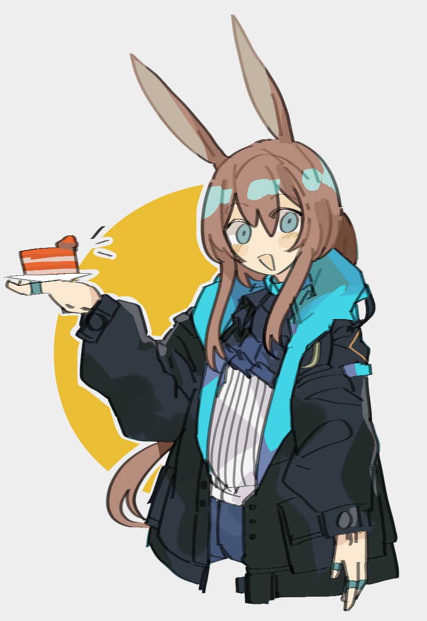 odmised, amiya (arknights), infection monitor (arknights), arknights, highres, 1girl, :d, animal ears, ascot, black jacket, blue ascot, blue eyes, blue skirt, brown hair, cake, food, hair between eyes, hand up, holding, holding cake, holding food, jacket, long hair, looking at viewer, open clothes, open jacket, open mouth, rabbit ears, rabbit girl, shirt, skirt, smile, solo, upper body, white shirt