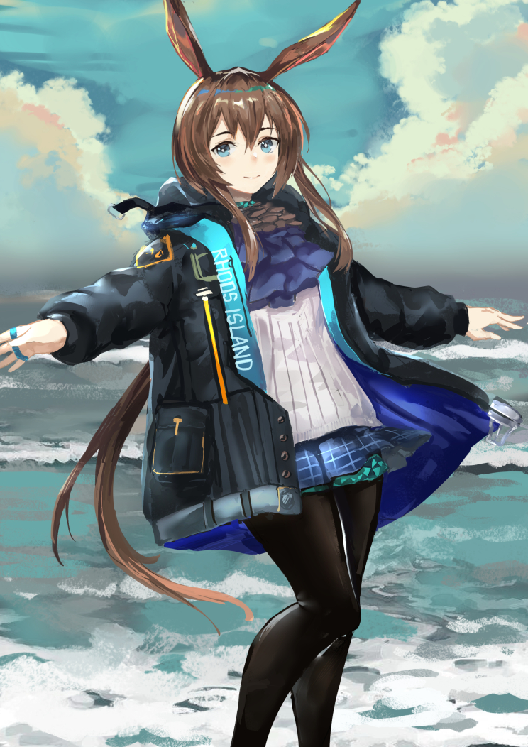 bkko, amiya (arknights), infection monitor (arknights), arknights, 1girl, animal ears, ascot, beach, black jacket, black pantyhose, blue eyes, blue skirt, brown hair, cloud, cloudy sky, hair between eyes, jacket, long hair, ocean, open clothes, open jacket, outstretched arms, pantyhose, purple ascot, rabbit ears, rabbit girl, shirt, skirt, sky, solo, white shirt
