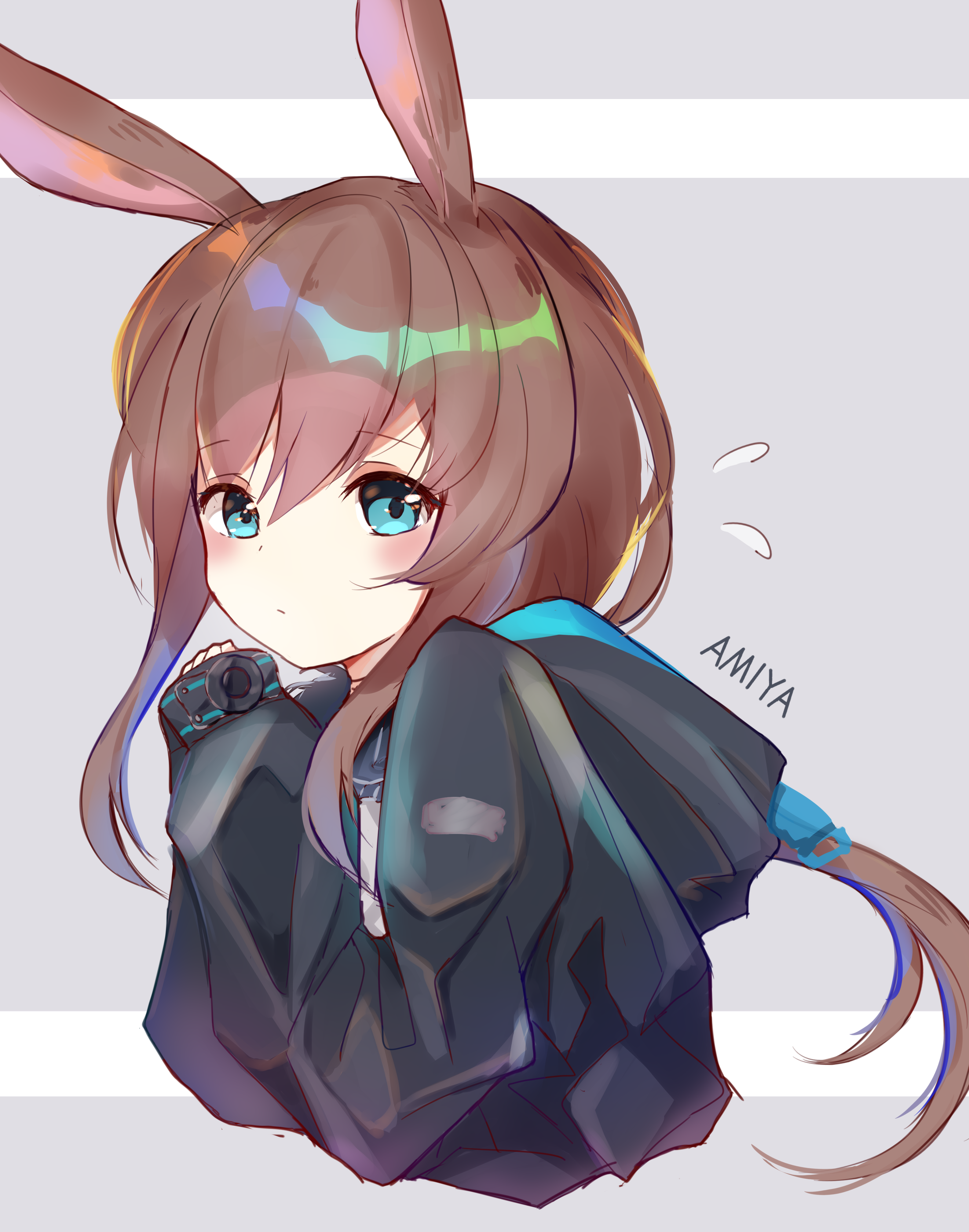 qiuyuan lu, amiya (arknights), arknights, absurdres, highres, 1girl, animal ears, ascot, black jacket, blue ascot, blue eyes, brown hair, character name, closed mouth, cropped torso, hair between eyes, jacket, light blush, long hair, looking at viewer, open clothes, open jacket, rabbit ears, rabbit girl, shirt, solo, upper body, white shirt