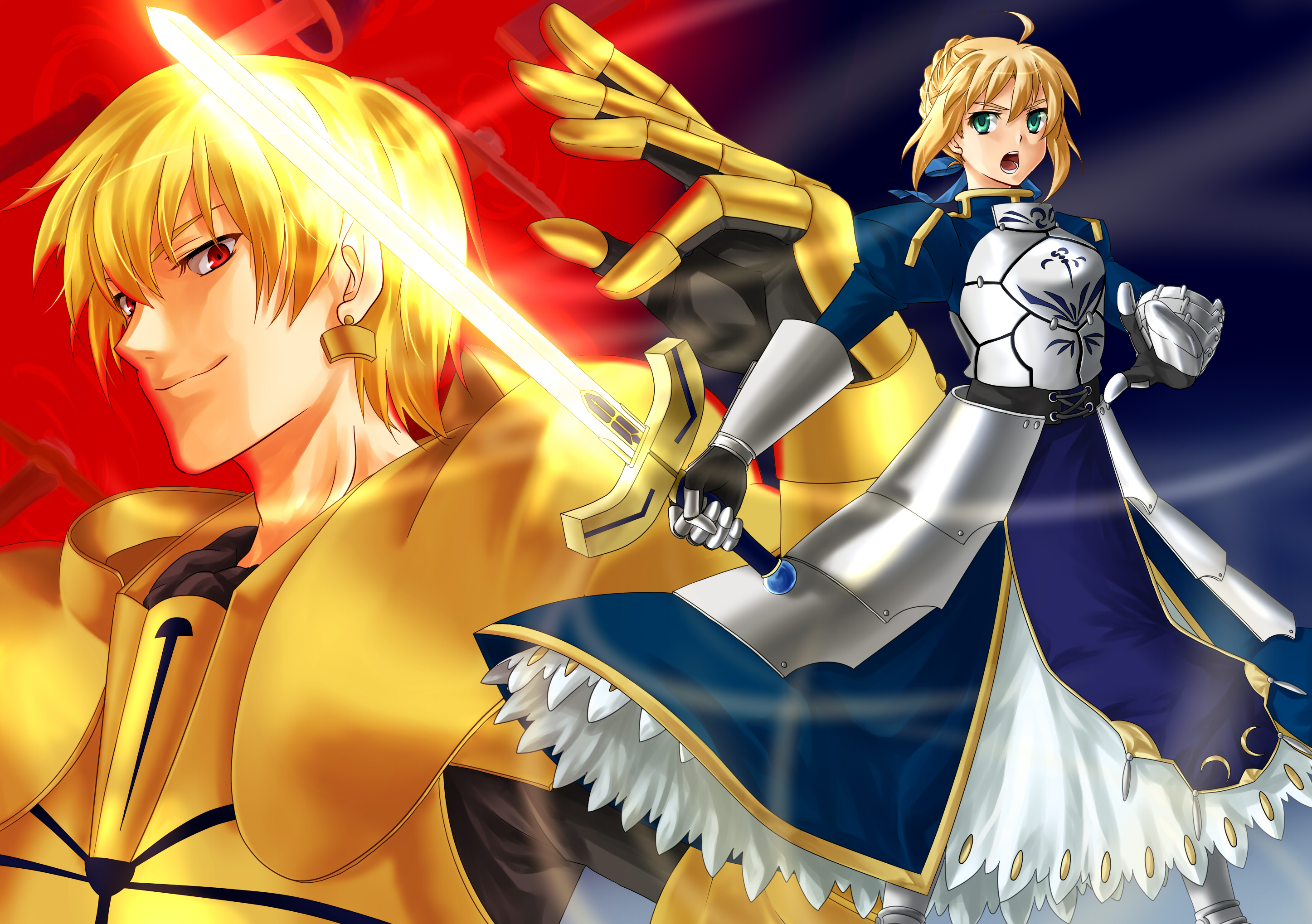 ryou (pixiv779953), artoria pendragon (fate), gilgamesh (fate), saber (fate), fate/stay night, fate (series), type-moon, bad id, bad pixiv id, highres, 00s, 1boy, 1girl, armor, armored dress, blonde hair, dress, excalibur (fate/stay night), gate of babylon (fate), glowing, glowing sword, glowing weapon, green eyes, red eyes, sword, weapon