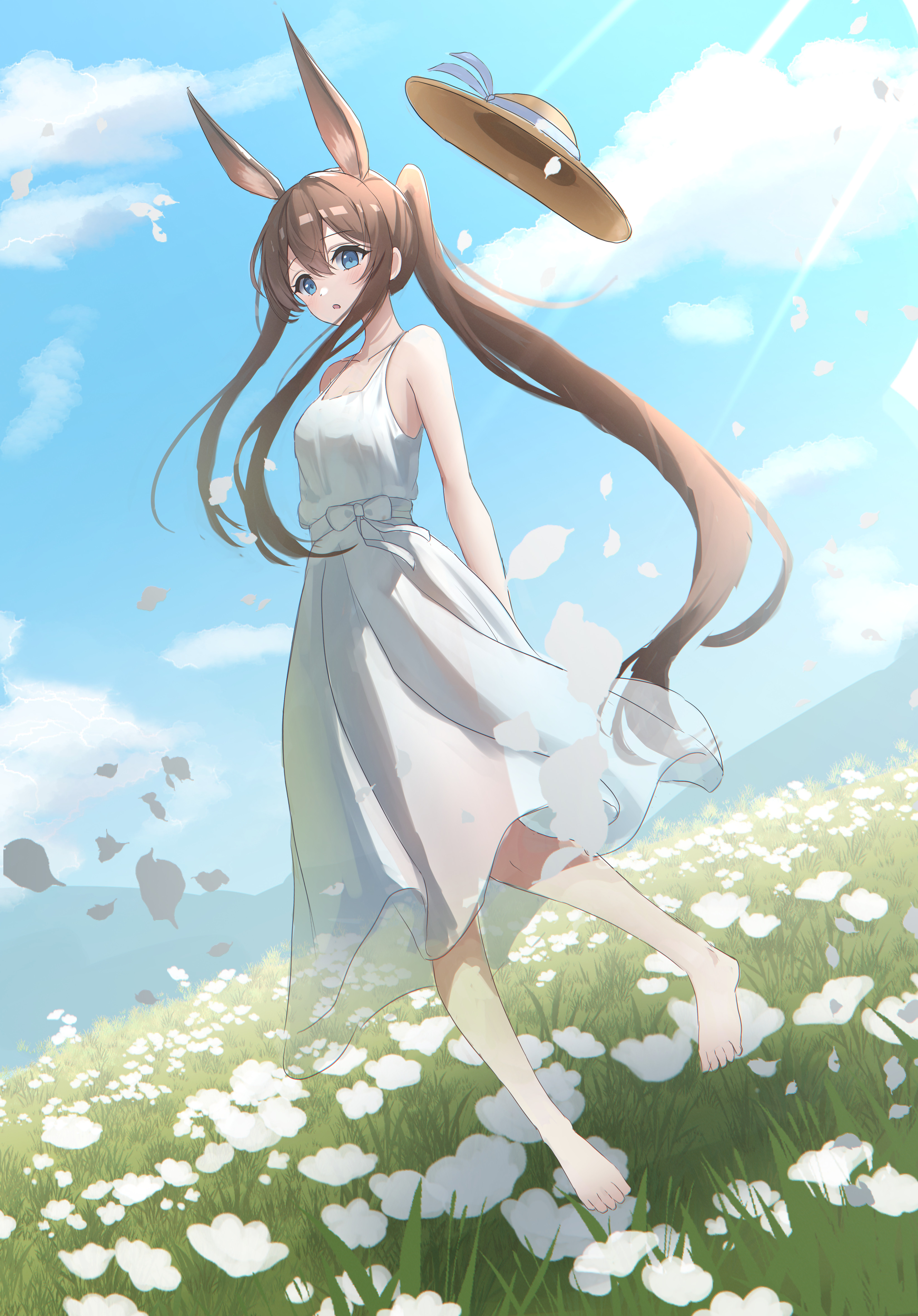 slepii4, amiya (arknights), arknights, absurdres, highres, 1girl, alternate costume, animal ears, bare shoulders, black jacket, blue eyes, brown hair, cloud, dress, field, flower, flower field, grass, hair between eyes, hat, jacket, long hair, long sidelocks, rabbit ears, rabbit girl, sidelocks, solo, straw hat, very long hair, white dress, white flower