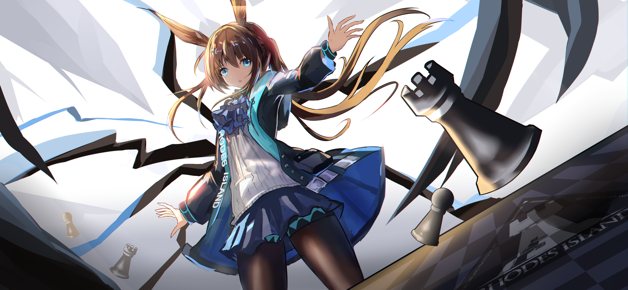 kyounight, amiya (arknights), arknights, highres, 1girl, animal ears, ascot, black jacket, blue eyes, brown hair, brown pantyhose, chess piece, cowboy shot, hair between eyes, jacket, long hair, long sidelocks, open clothes, open jacket, outstretched arms, pantyhose, ponytail, purple ascot, rabbit ears, rabbit girl, shirt, sidelocks, solo, very long hair, white shirt