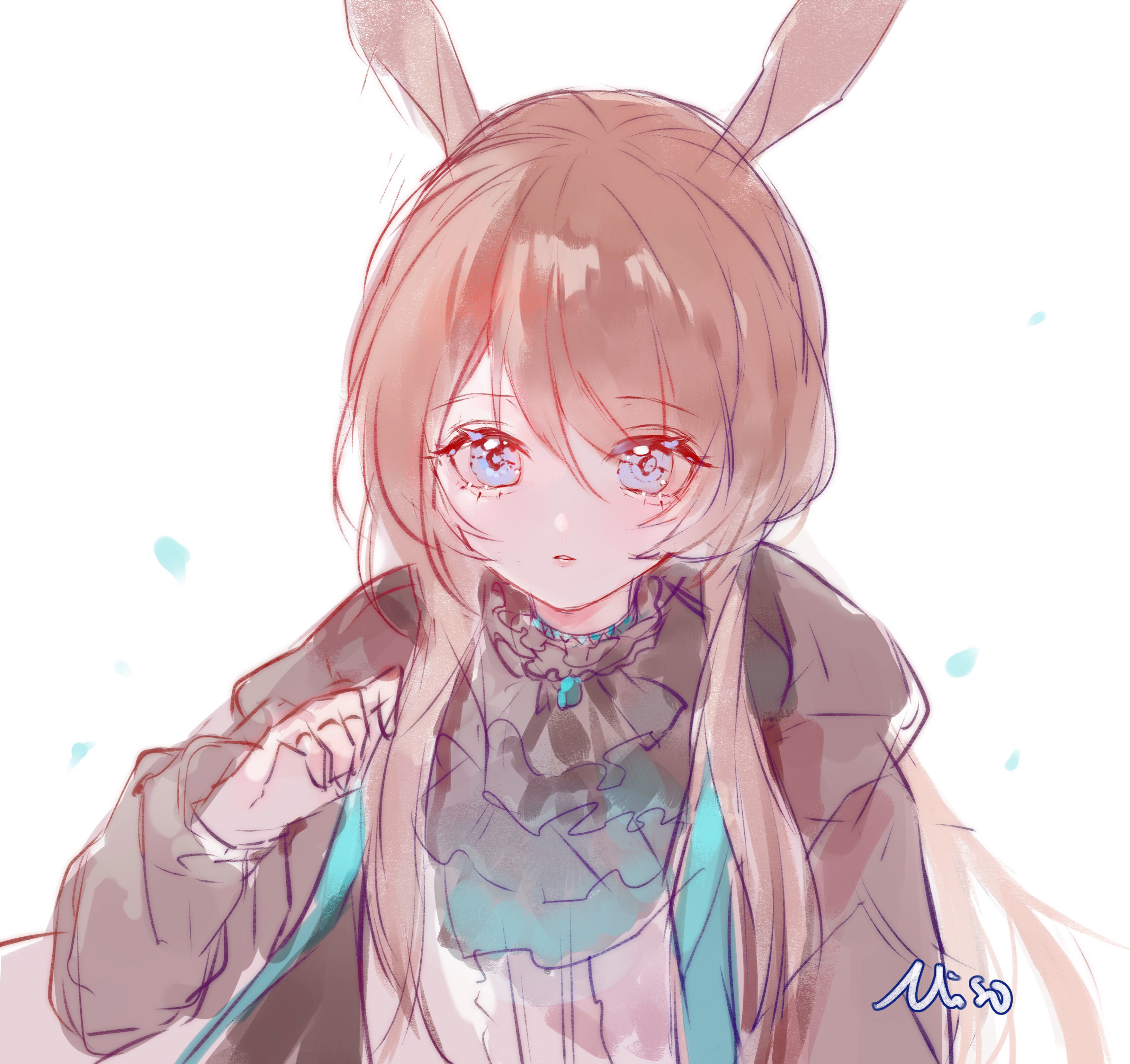 misononeko, amiya (arknights), infection monitor (arknights), arknights, absurdres, highres, 1girl, animal ears, ascot, black jacket, blue eyes, brown hair, hair between eyes, hand up, jacket, long hair, long sidelocks, looking at viewer, open clothes, open jacket, parted lips, rabbit ears, rabbit girl, shirt, sidelocks, simple background, sketch, solo, upper body, white background, white shirt