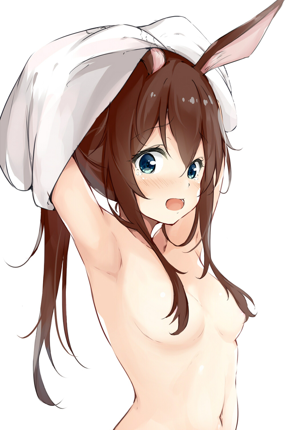 kusunoki (gwzx5574), amiya (arknights), arknights, highres, 1girl, animal ears, blue eyes, blush, breasts, brown hair, convenient hair, hair between eyes, looking at viewer, navel, open mouth, rabbit ears, rabbit girl, shirt, sidelocks, simple background, small breasts, solo, tearing up, tongue, undressing, upper body, white background, white shirt
