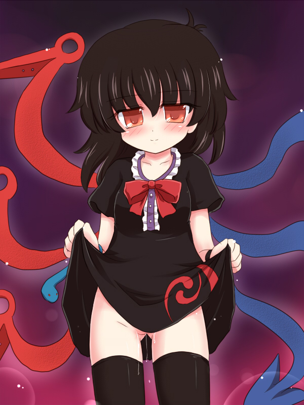 ry (yagoyago), houjuu nue, touhou, 1girl, black hair, black thighhighs, clothes lift, dress, dress lift, female focus, gradient background, no panties, pussy juice, red eyes, short hair, snake, solo, thighhighs, wings