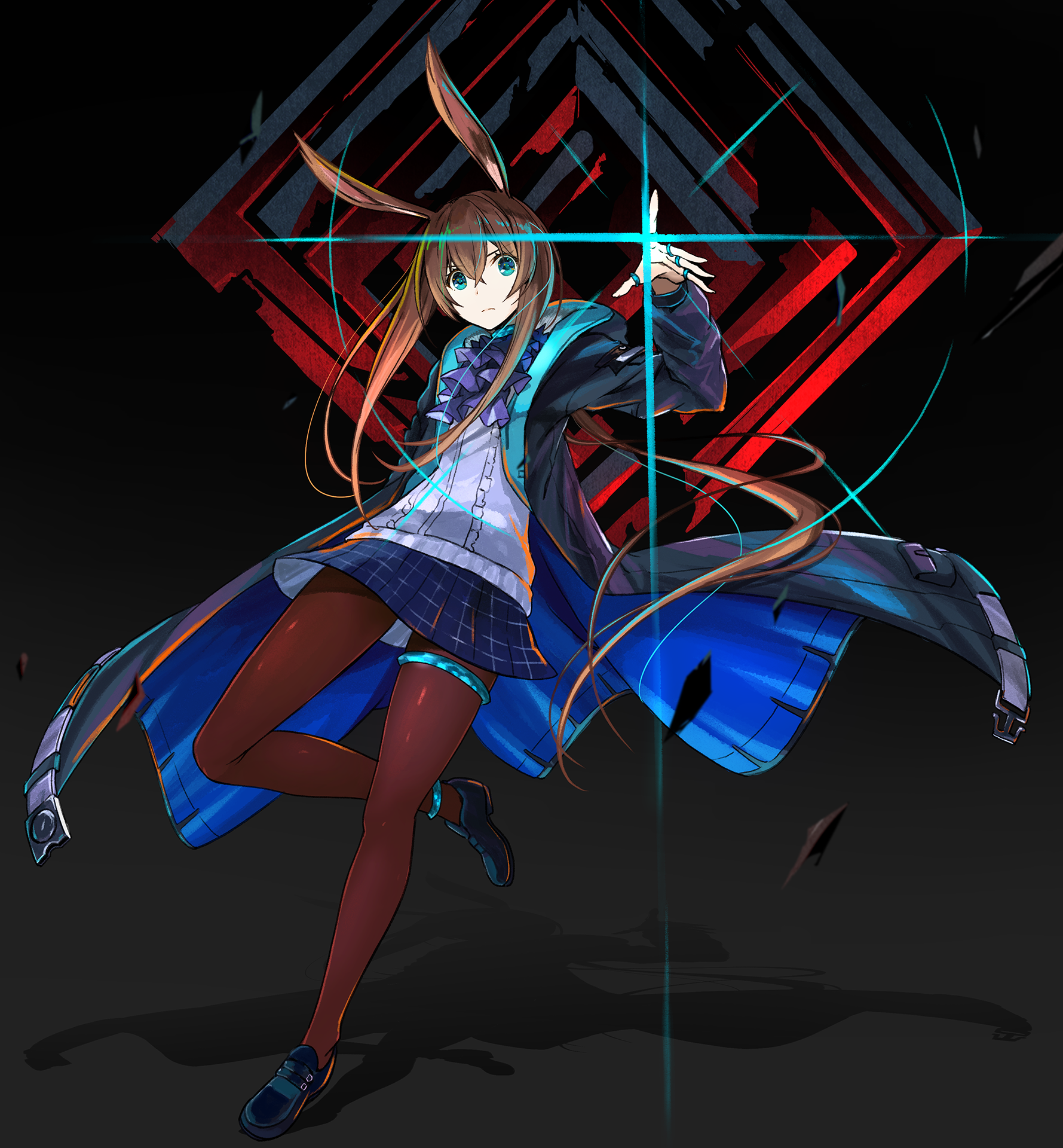 denken, amiya (arknights), infection monitor (arknights), arknights, highres, 1girl, animal ears, ascot, black background, black jacket, black shoes, blue eyes, blue skirt, brown hair, closed mouth, crossed bangs, full body, gradient background, hair between eyes, hand up, jacket, long hair, looking at viewer, open clothes, open jacket, purple ascot, rabbit ears, rabbit girl, shadow, shirt, shoes, skirt, solo