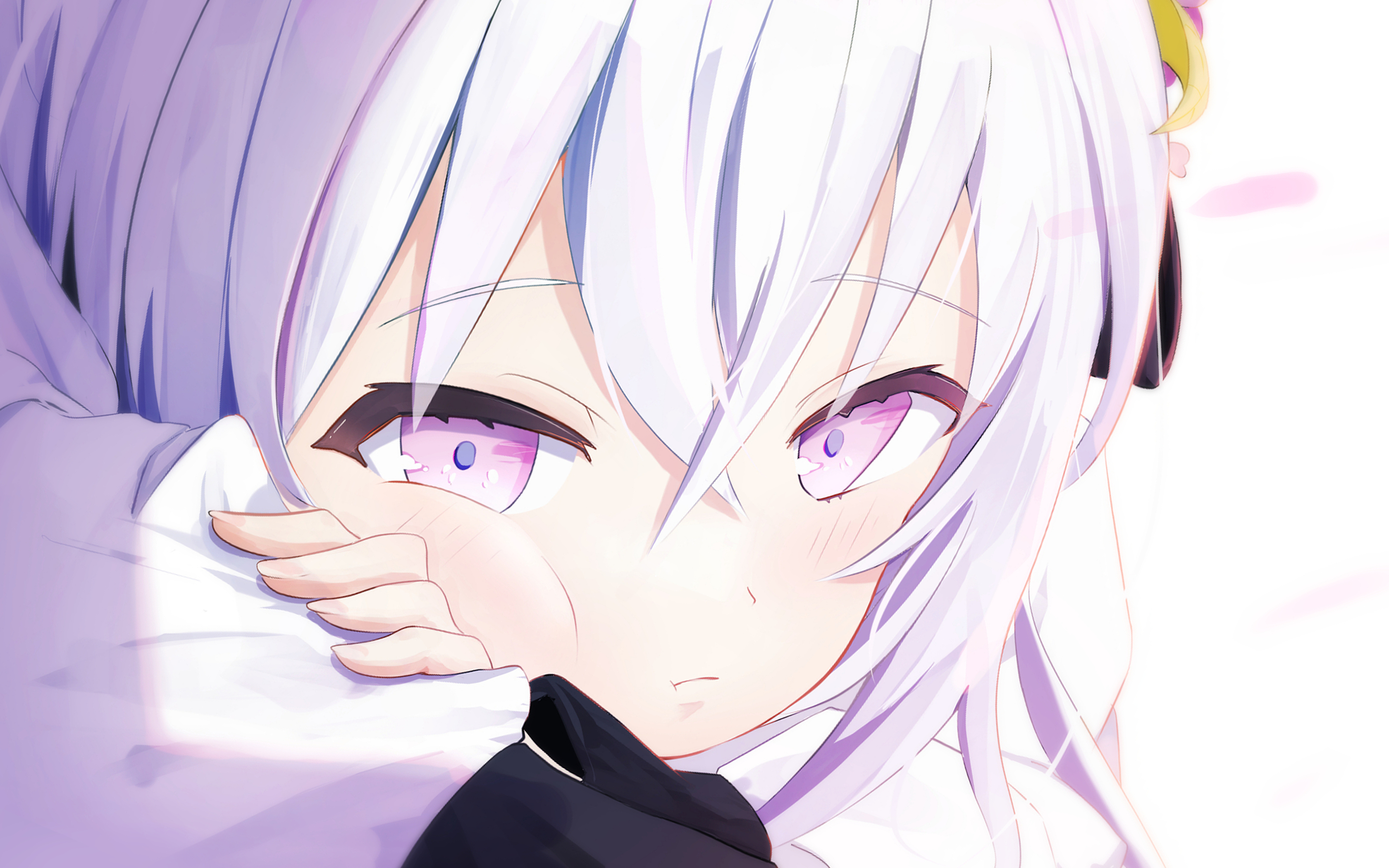 shaketamago, azusa (blue archive), blue archive, absurdres, commentary, highres, 1girl, :t, blush, cheek press, close-up, closed mouth, crossed bangs, fingernails, hair between eyes, long sleeves, looking at viewer, pout, purple eyes, sidelighting, simple background, solo, white background, white hair